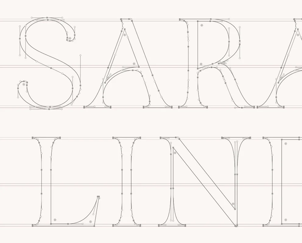 Close-up of large serif letters with visible vector anchor points and construction guides, Sarah-Linda, sensual tableware, branding, web design and editorial project by Automne Studio.