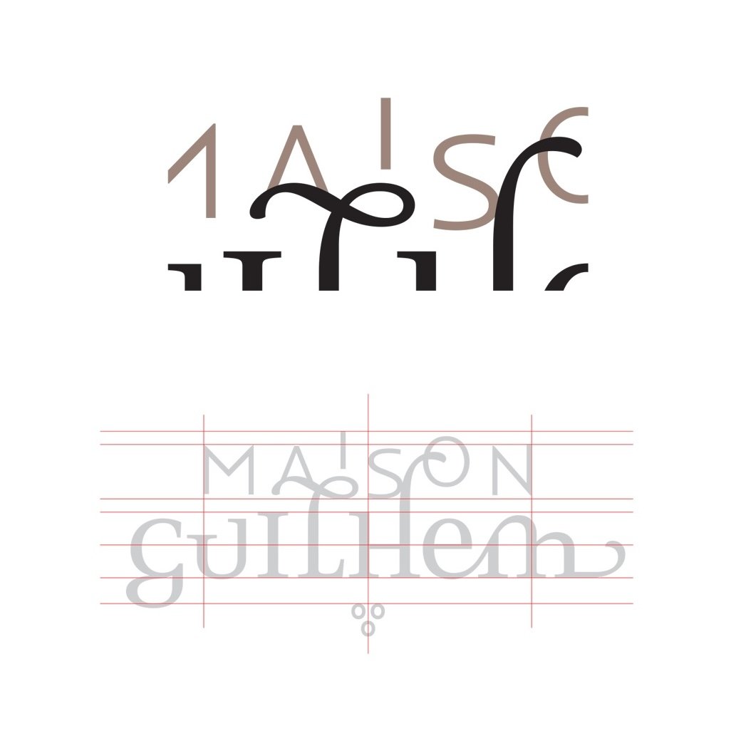 Typography logo design exploration for Maison Guilhem, showing stylized wordmarks, letterforms, and construction grid sketches, branding and editorial project by Automne Studio.