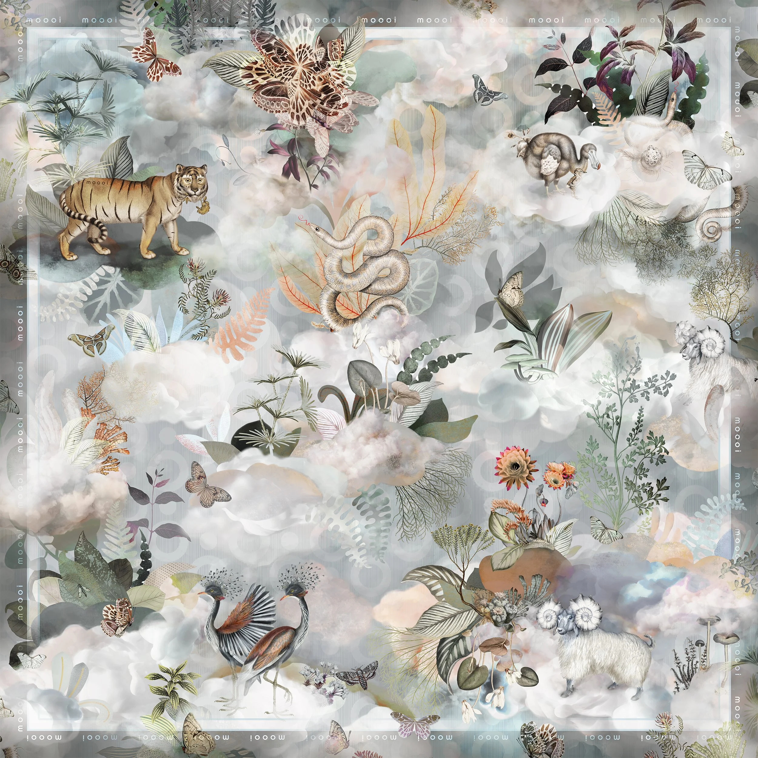 Scarf Memento Moooi Medley Dawn, Extinct Animals family, illustration and visual identity by Automne Studio.