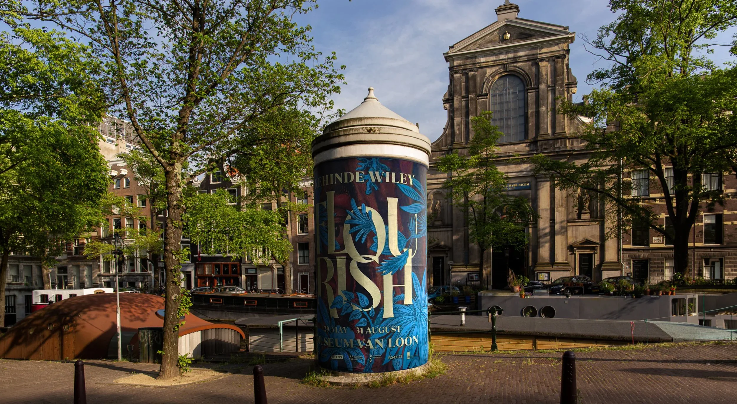 Outdoor street poster for the “Keninde Wiley” Flourish exhibition at Museum Van Loon in Amsterdam, poster illustration and pattern by Automne Studio.