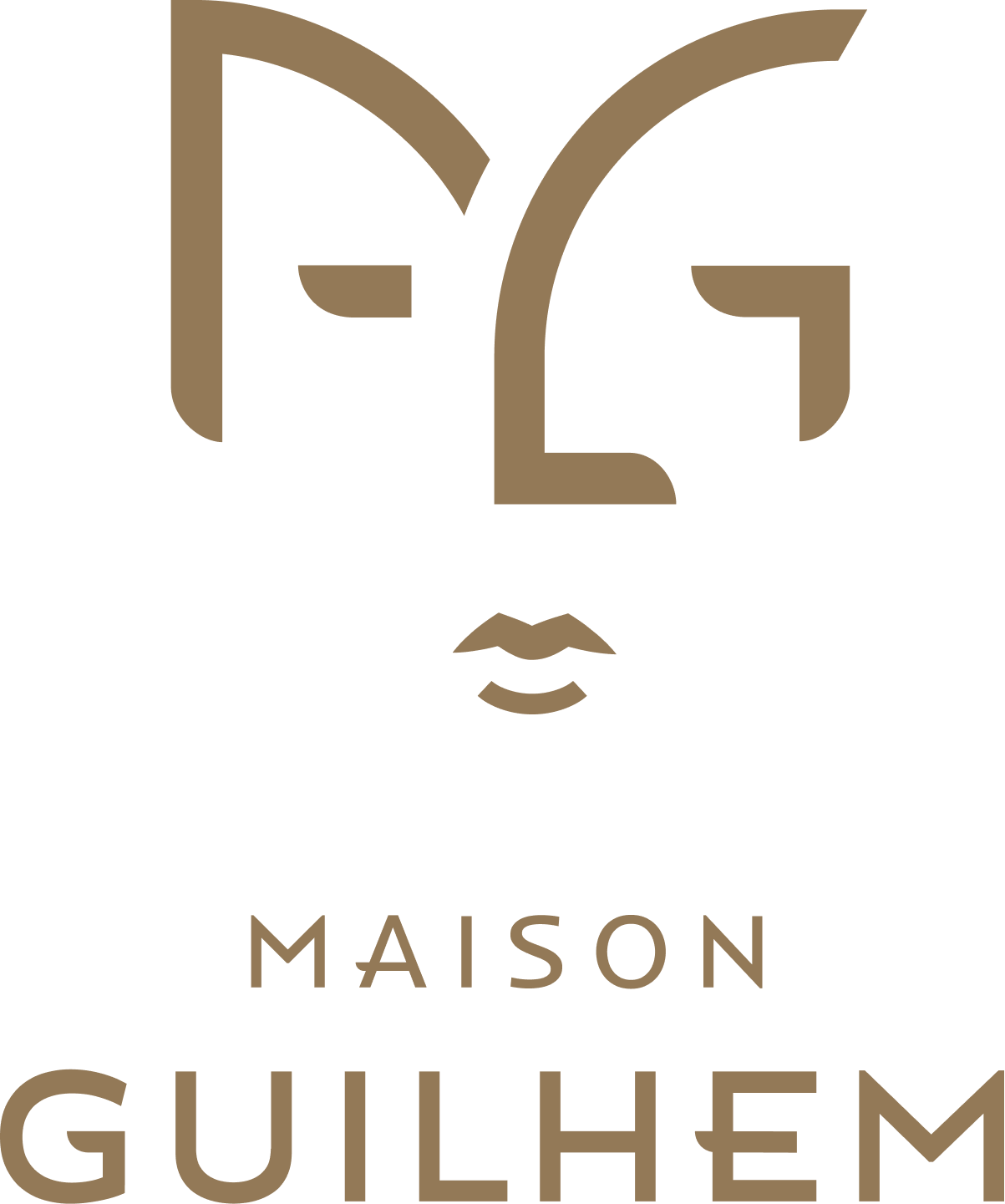 Golden Maison Guilhem logo, M and G monogram in which the two letters shape a double face inspired by the Roman god Janus, branding and editorial project by Automne Studio.