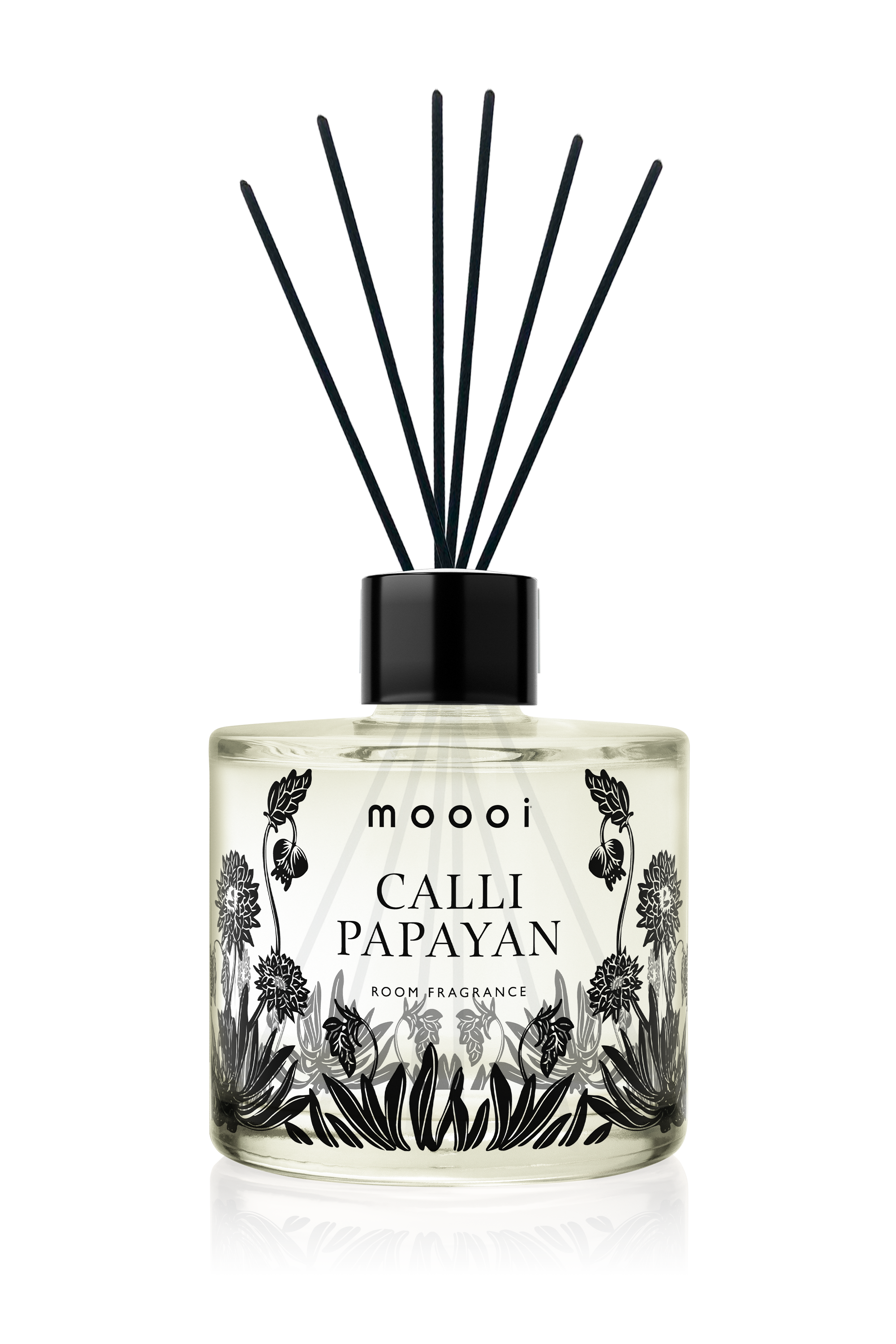 Moooi Calli Papayan fragrance bottle diffuser, Extinct Plants Home Fragrance Collection by Moooi, illustration, packaging and visual identity by Automne Studio.