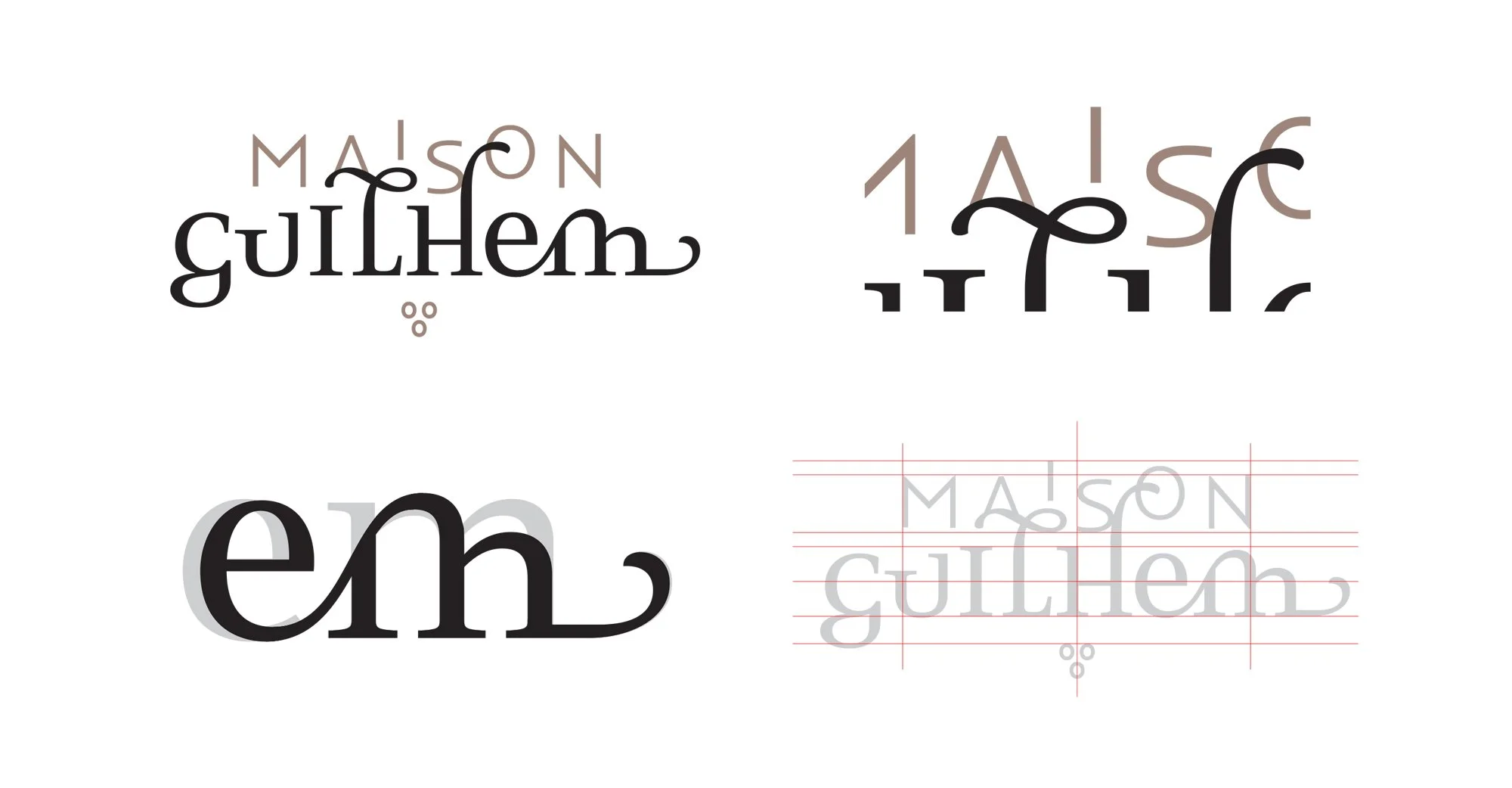 Typography logo design exploration for Maison Guilhem, showing stylized wordmarks, letterforms, and construction grid sketches, branding and editorial project by Automne Studio.