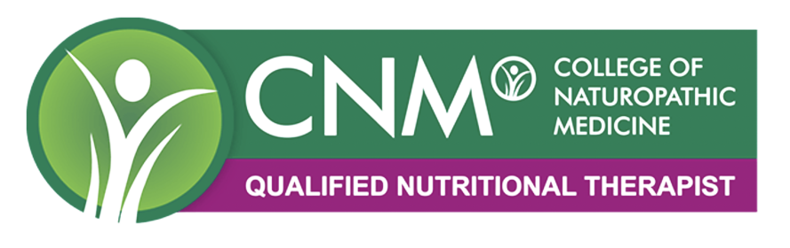 Logo of the College of Naturopathic Medicine with a green and purple banner, featuring a stylized human figure with arms raised inside a green circle, and text indicating a qualified nutritional therapist.