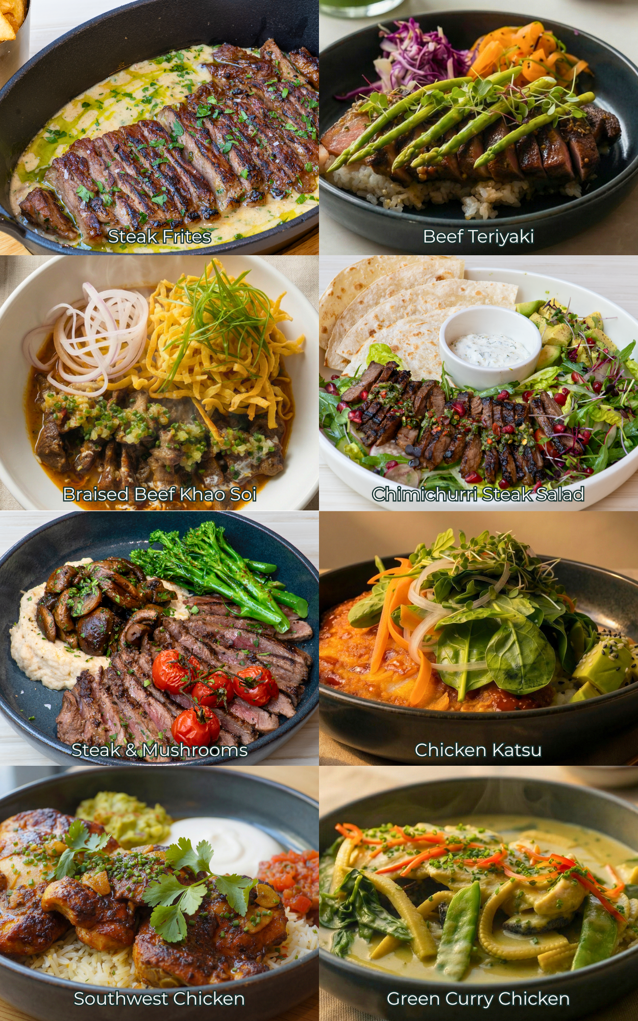 Images of some steak and chicken entrées served at The Red Door, including our best-selling steak frites, beef teriyaki, braised beef khao soi, chimichurri steak, green curry chicken and my personal favorite - chicken katsu