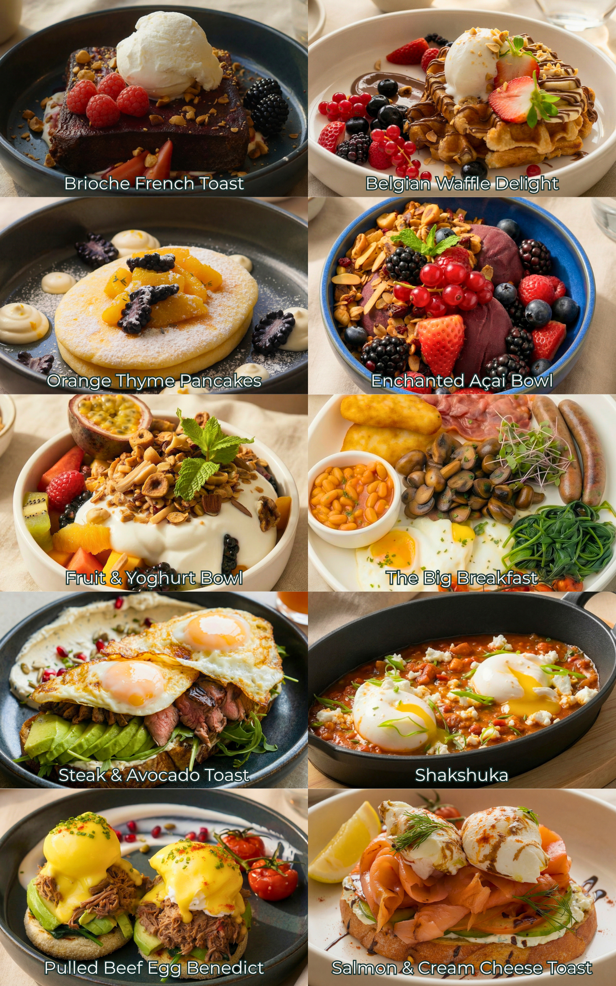 Pictures of breakfast at The Red Door, inclduing french toast, pancakes, waffles, shakshuka and egg