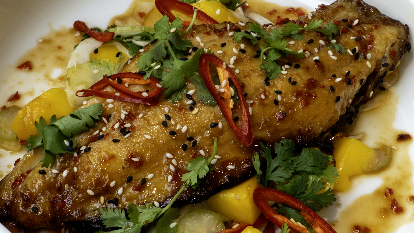 Chili-Lime & Mango Sea Bass from the LEAN menu served for lunch & dinner at The Red Door