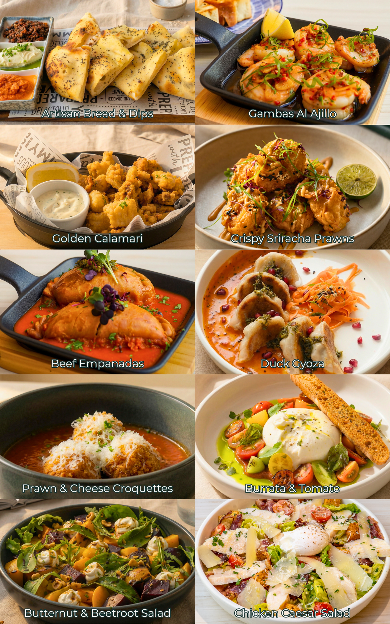 Images of appetizers, soups and salads served at The Red Door, including gambas al ajillo, empanadas, calamarri, prawn croquettes, burrata, beetroot salad and chicken caesar salad