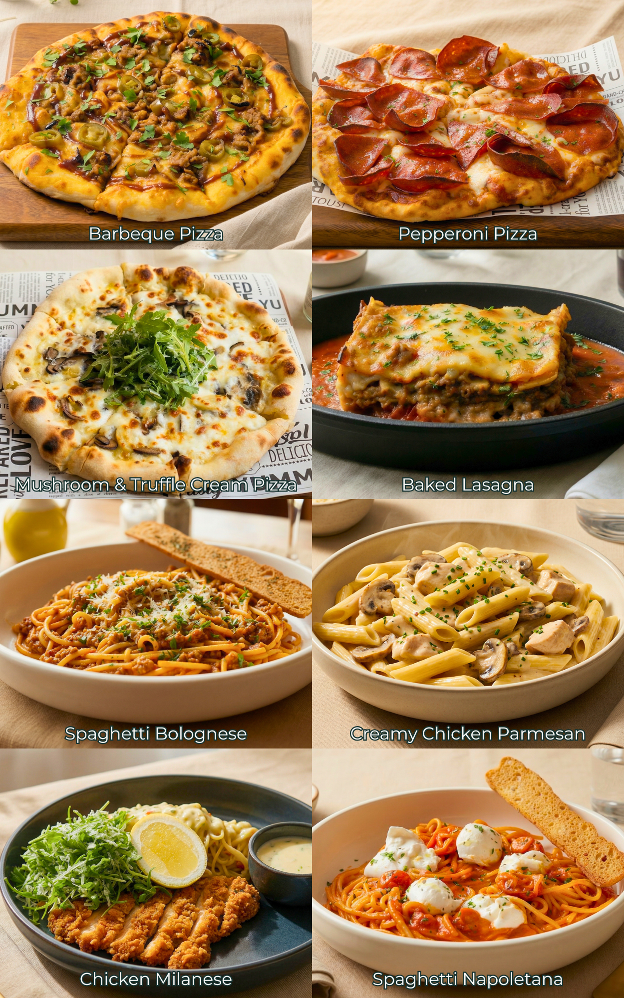 Images of classic pizza and pastas served at The Red Door, including pepperoni pizza, mushroom truffle pizza, barbeque pizza, baked lasagna, chicken milanese and spaghetti bolognese
