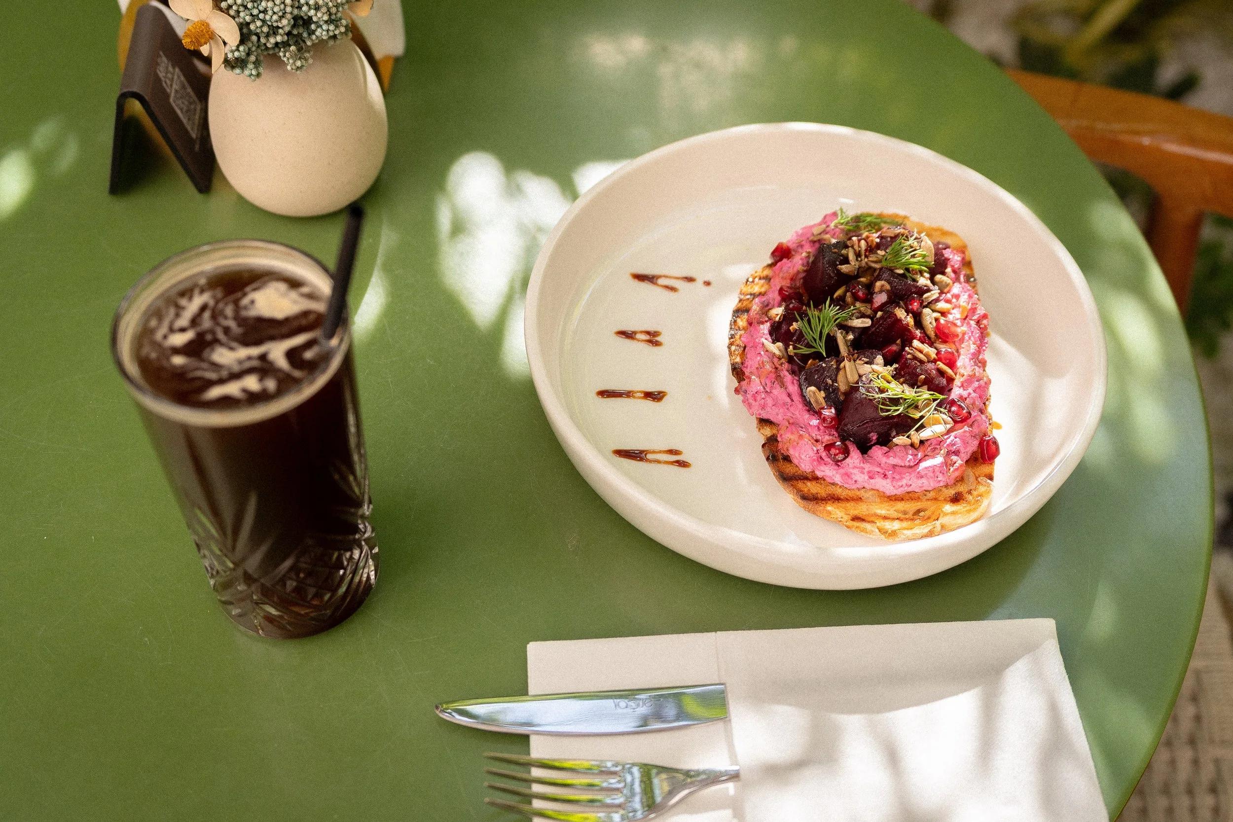 Beetroot Toast and Iced Americano served for breakfast at The Red Door