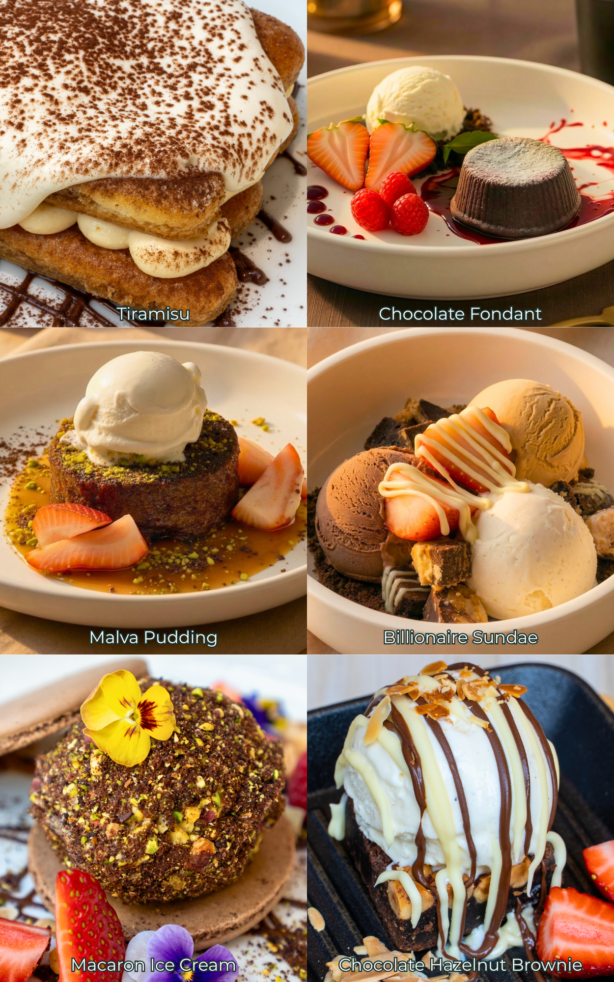 Images of the desserts served at The Red Door, including tiramisu, chocolate fondant, malva pudding, macaron ice cream and chocolate hazelnut brownie