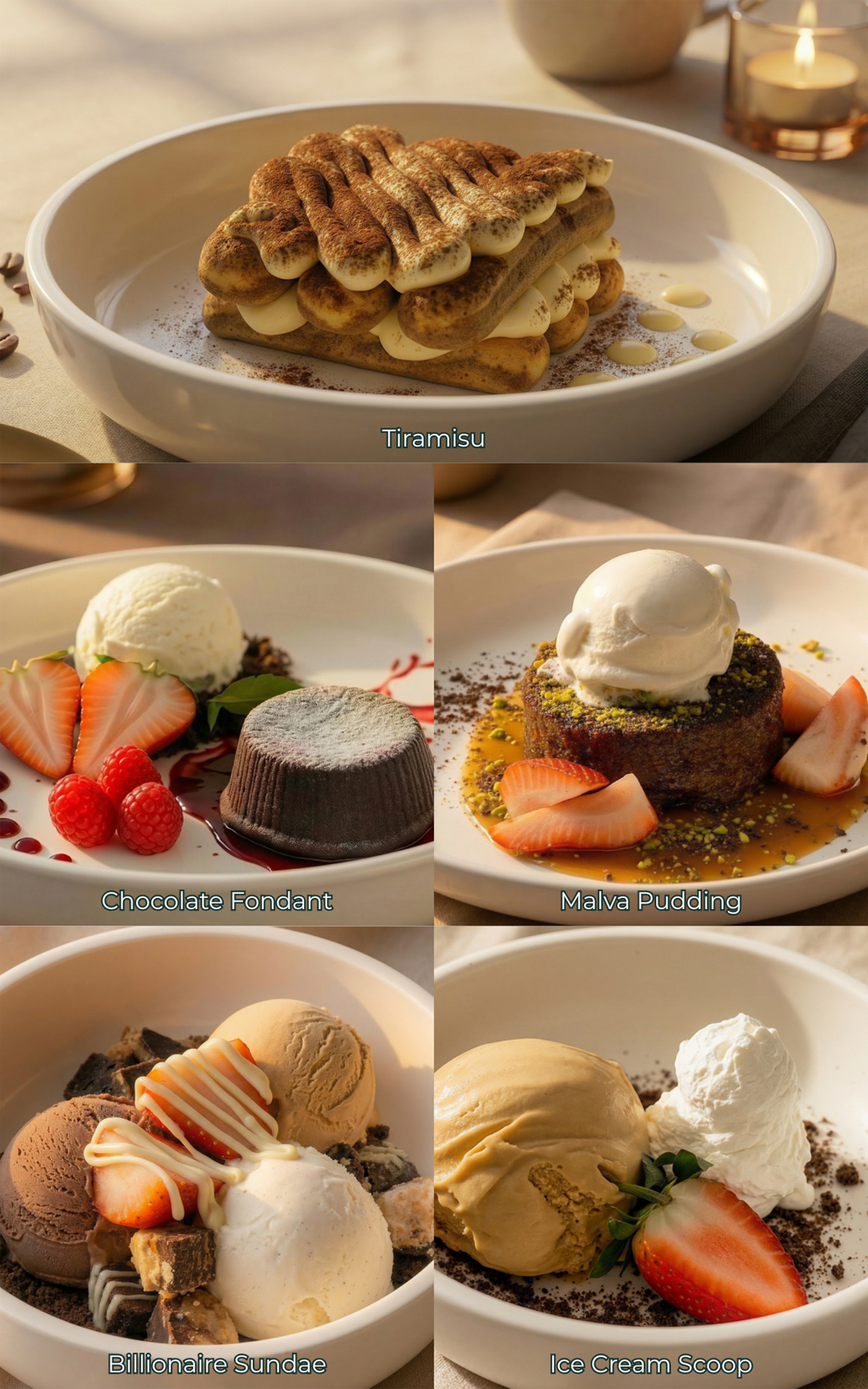 A variety of desserts, including tiramisu, chocolate fondant, malva pudding, billionaire sundae, and ice cream scoop, arranged on plates.