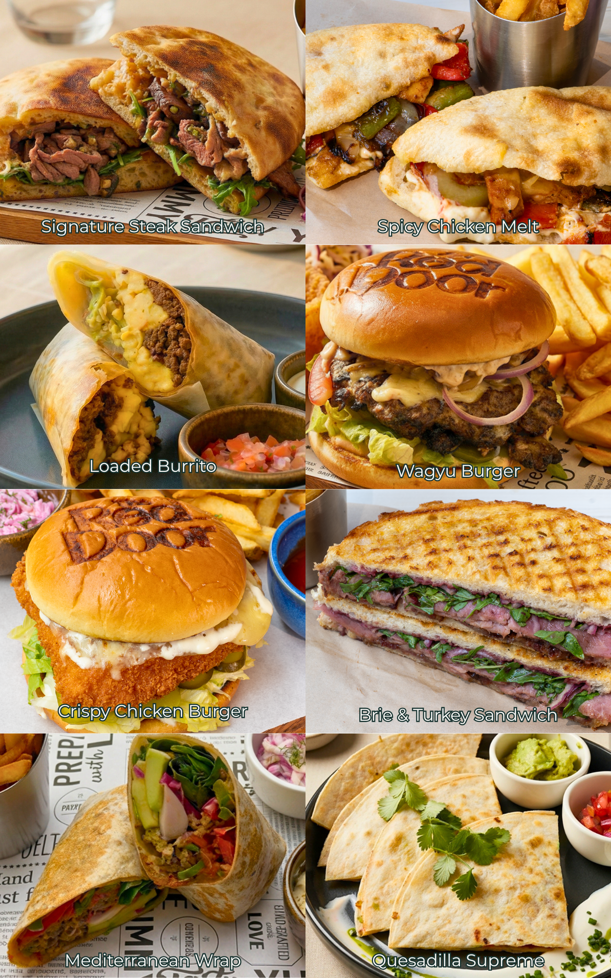 Images of sandwiches served all-day at The Red Door, including the signature steak sandwich, burrito, wagyu beef burger, vegetarian wrap and quesadilla 