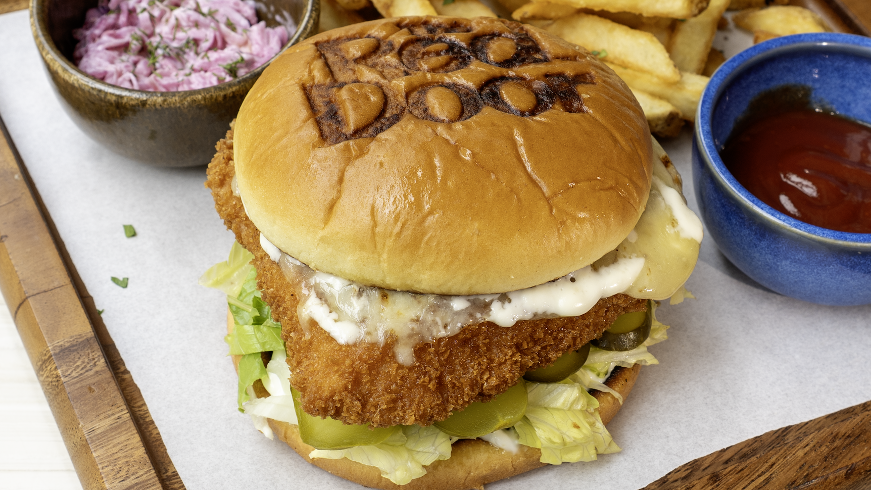 Golden-Fried Chicken Burger served all-day at The Red Door
