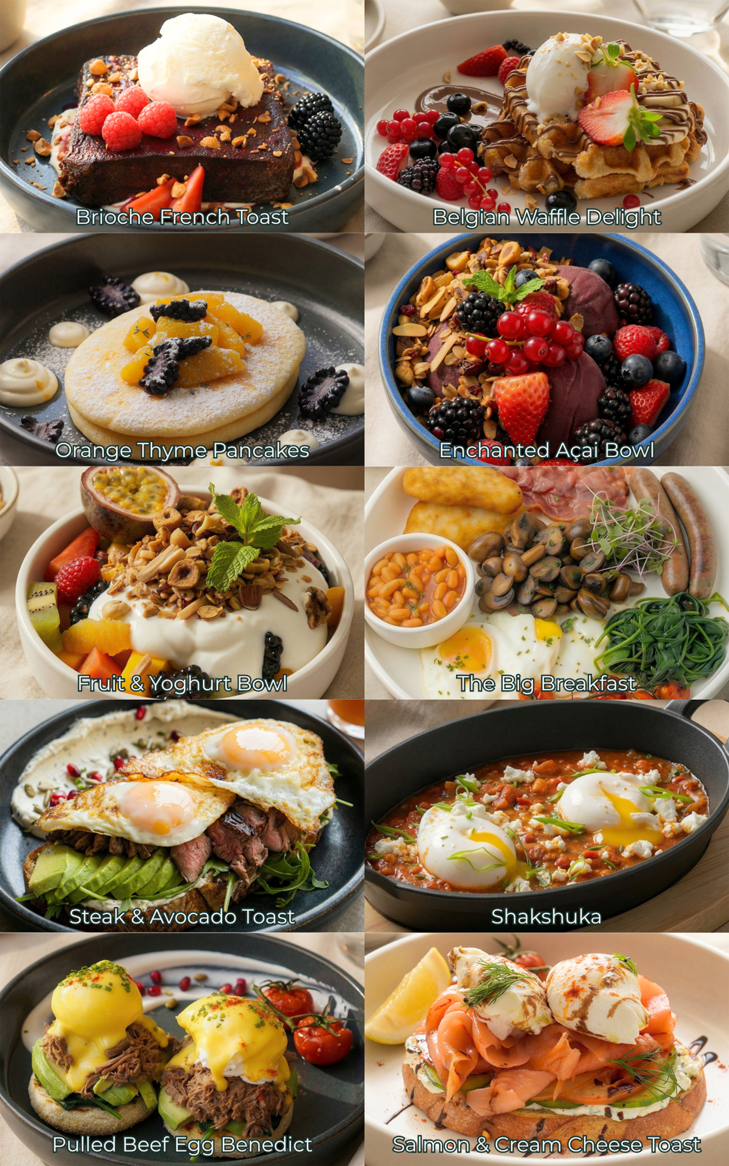 A collage of different breakfast and dessert dishes, including brioche French toast, Belgian waffle delight, orange thyme pancakes, enchanted açai bowl, fruit and yogurt bowl, the big breakfast, steak and avocado toast, shakshuka, pulled beef egg ben