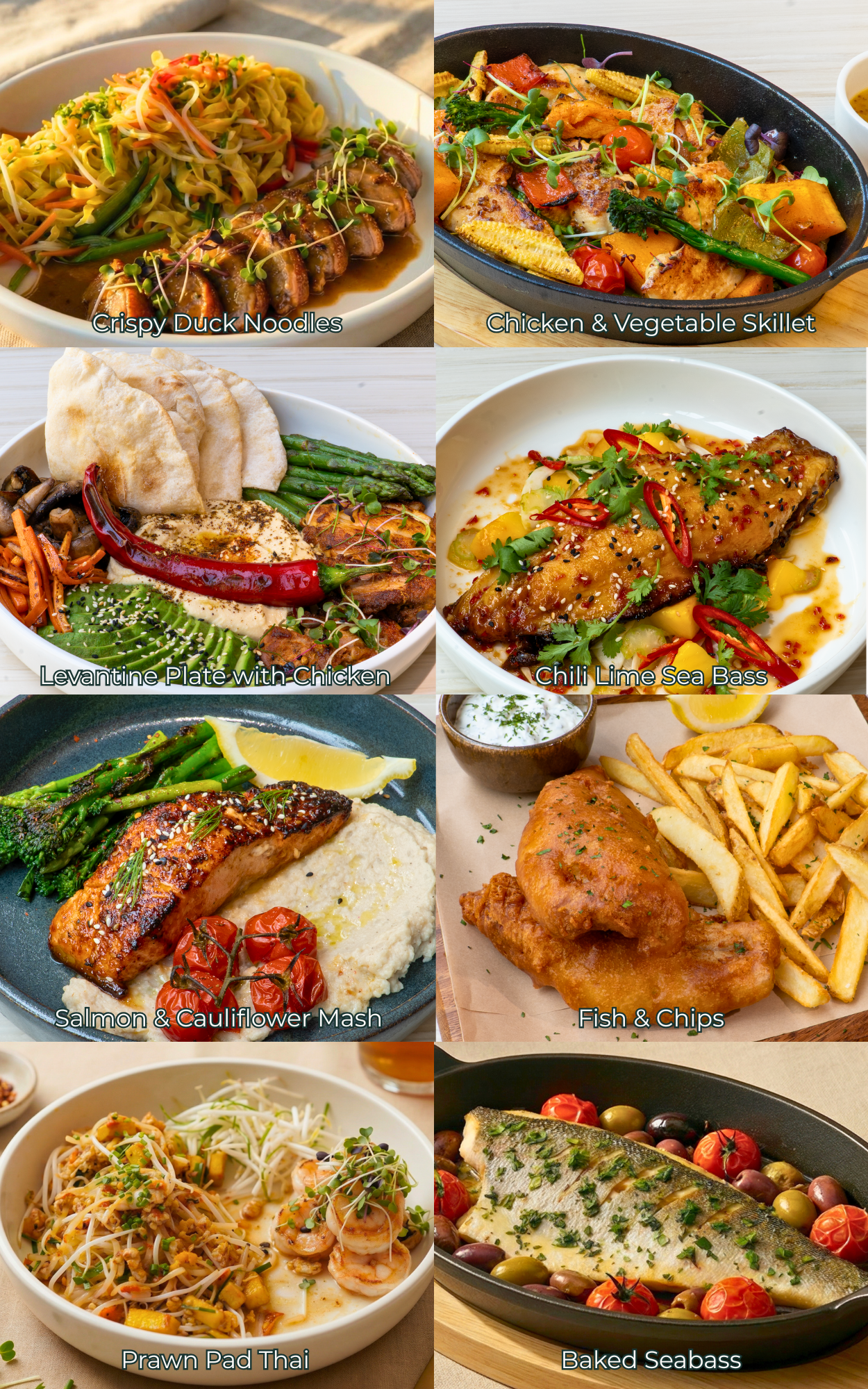 Images of some of the seafood entrées served at The Red Door, including chili-lime sea bas, yakiniku salmon, classic fish and chips, prawns pad thai and baked sea bass