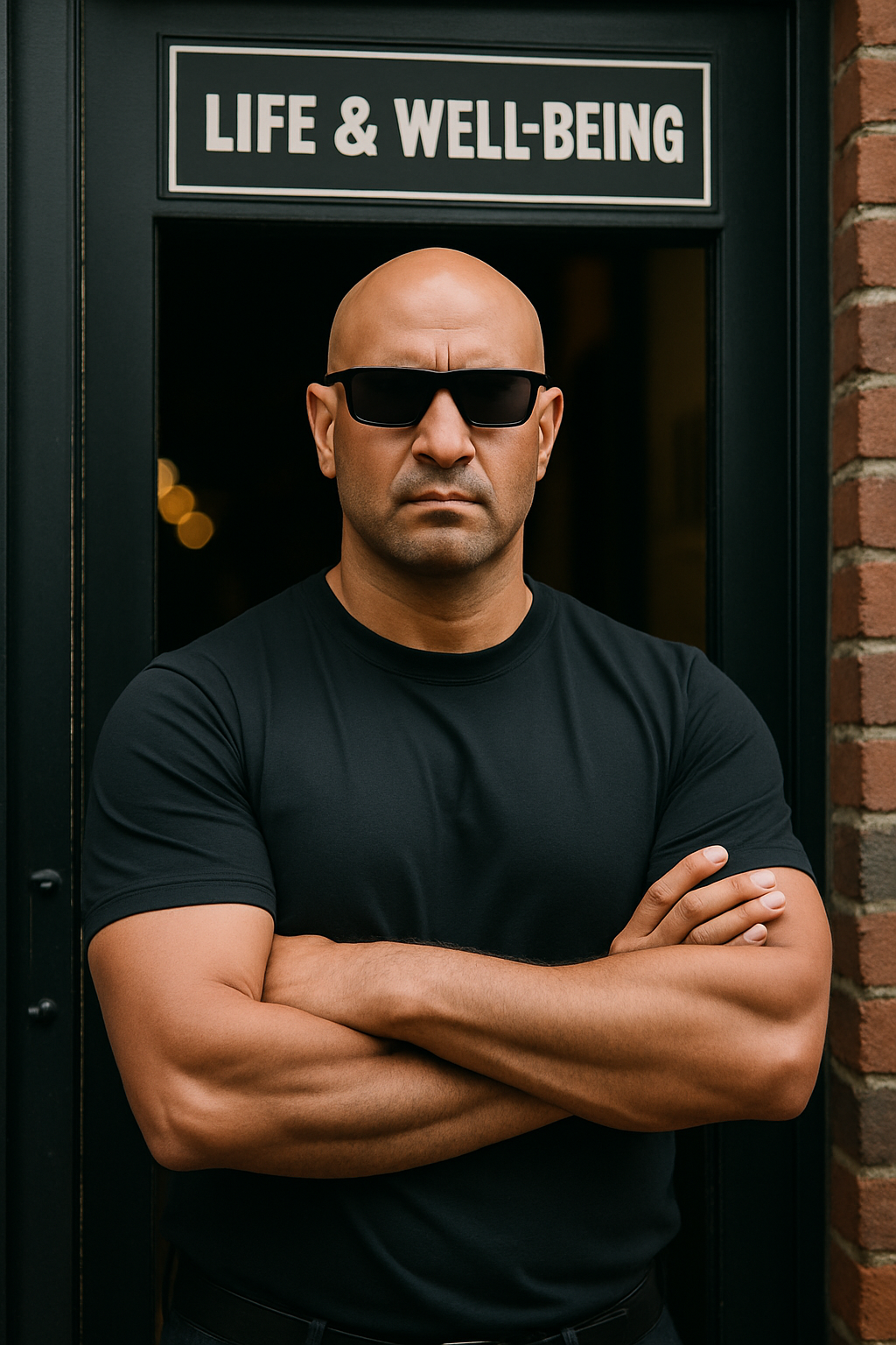 A bald man wearing black sunglasses and a black t-shirt stands with crossed arms in front of a doorway with a sign that reads 'LIFE & WELL-BEING'.