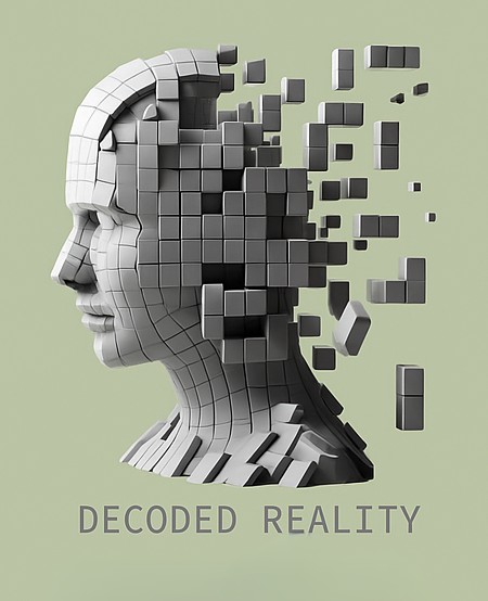 A 3D sculpture of a human head, with some tiles breaking away from the back, against a light green background. The words "Decoded Reality" are written below the sculpture.