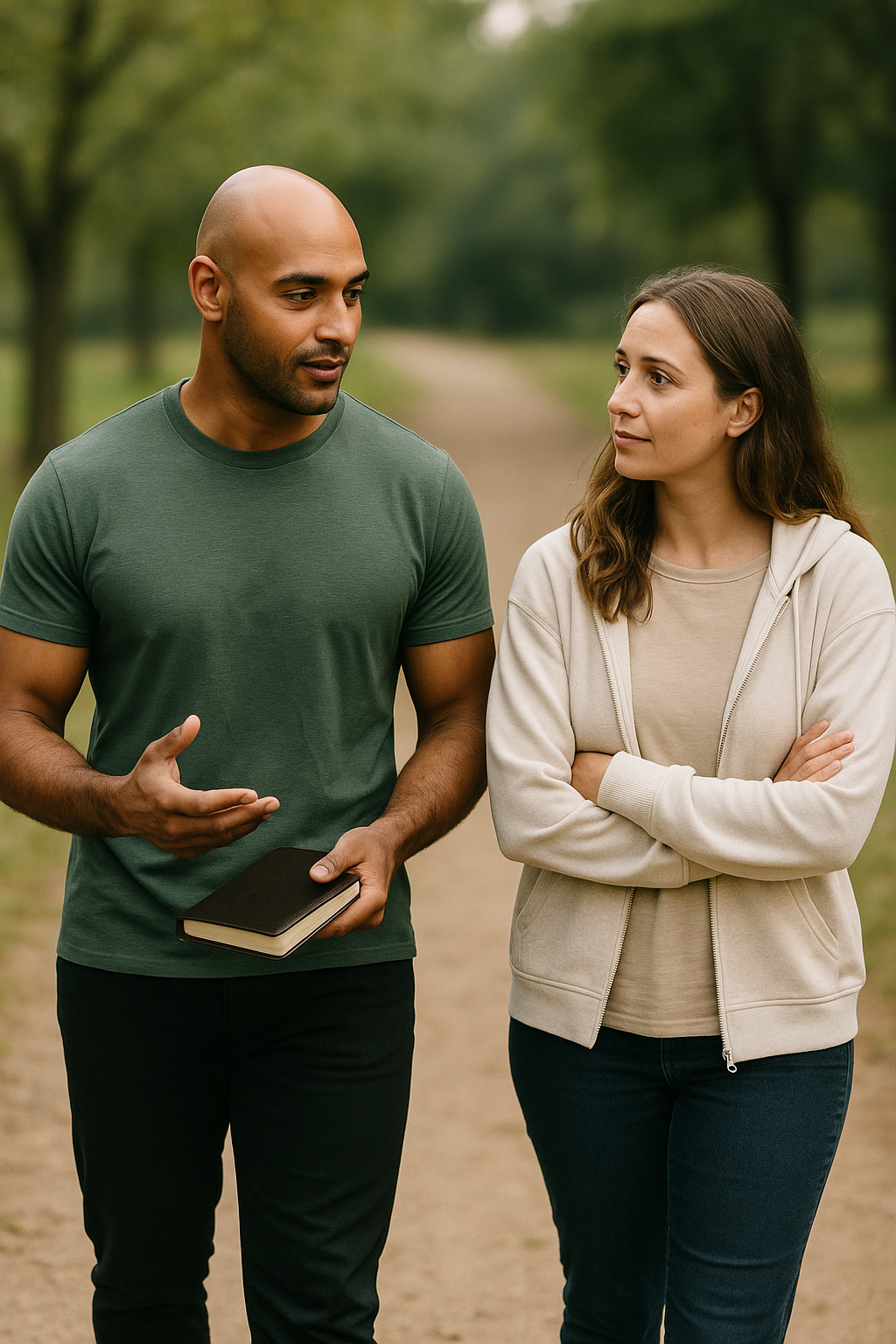 A man and woman walking and talking on a dirt path in a park or forest with trees in the background.