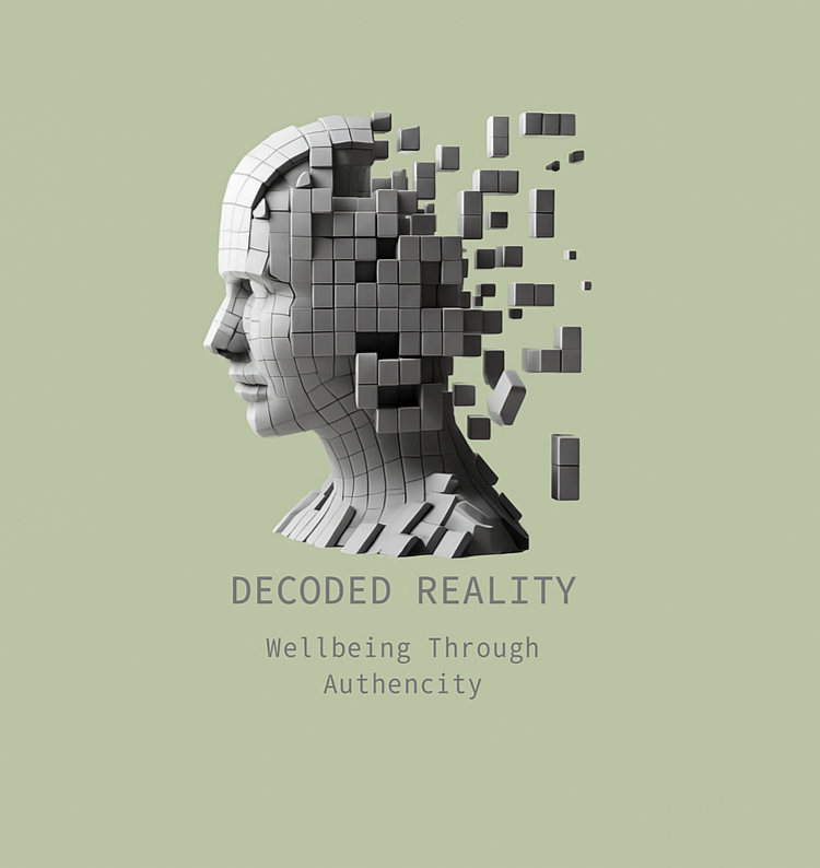 Digital art of a human head made of small cubes, partially disintegrating into floating cubes, with the text "Decoded Reality: Wellbeing Through Authenticity" below.
