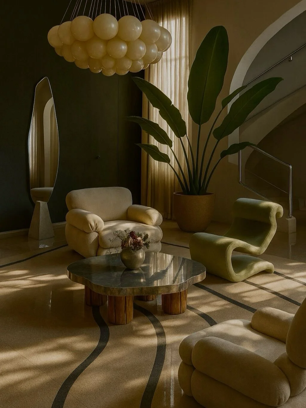 A stylish living room with beige armchairs, a large green potted plant, a marble-top coffee table with a flower vase, a tall mirror, and a cloud-shaped ceiling light fixture.