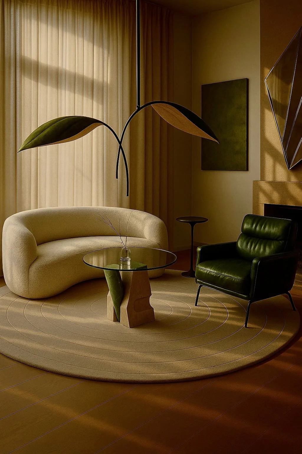 Modern living room with beige curved sofa, green armchair, round glass-top coffee table with wooden base, area rug, large houseplant with big leaves, curtains, and abstract wall art.