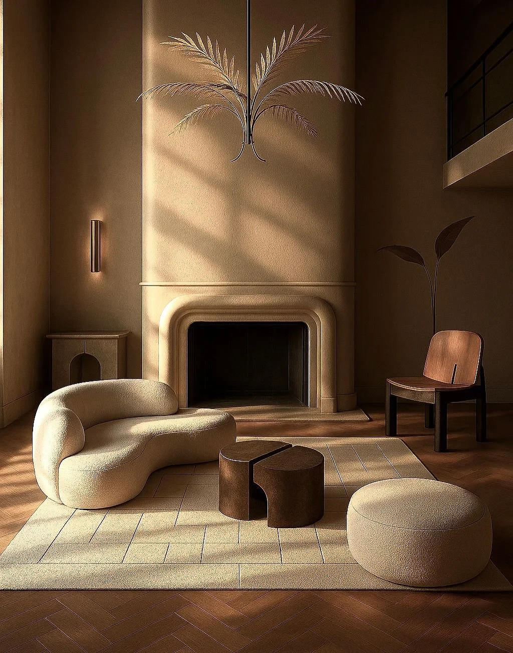 A cozy living room with a fireplace, modern furniture, a textured rug, and minimalist decor in warm tones.