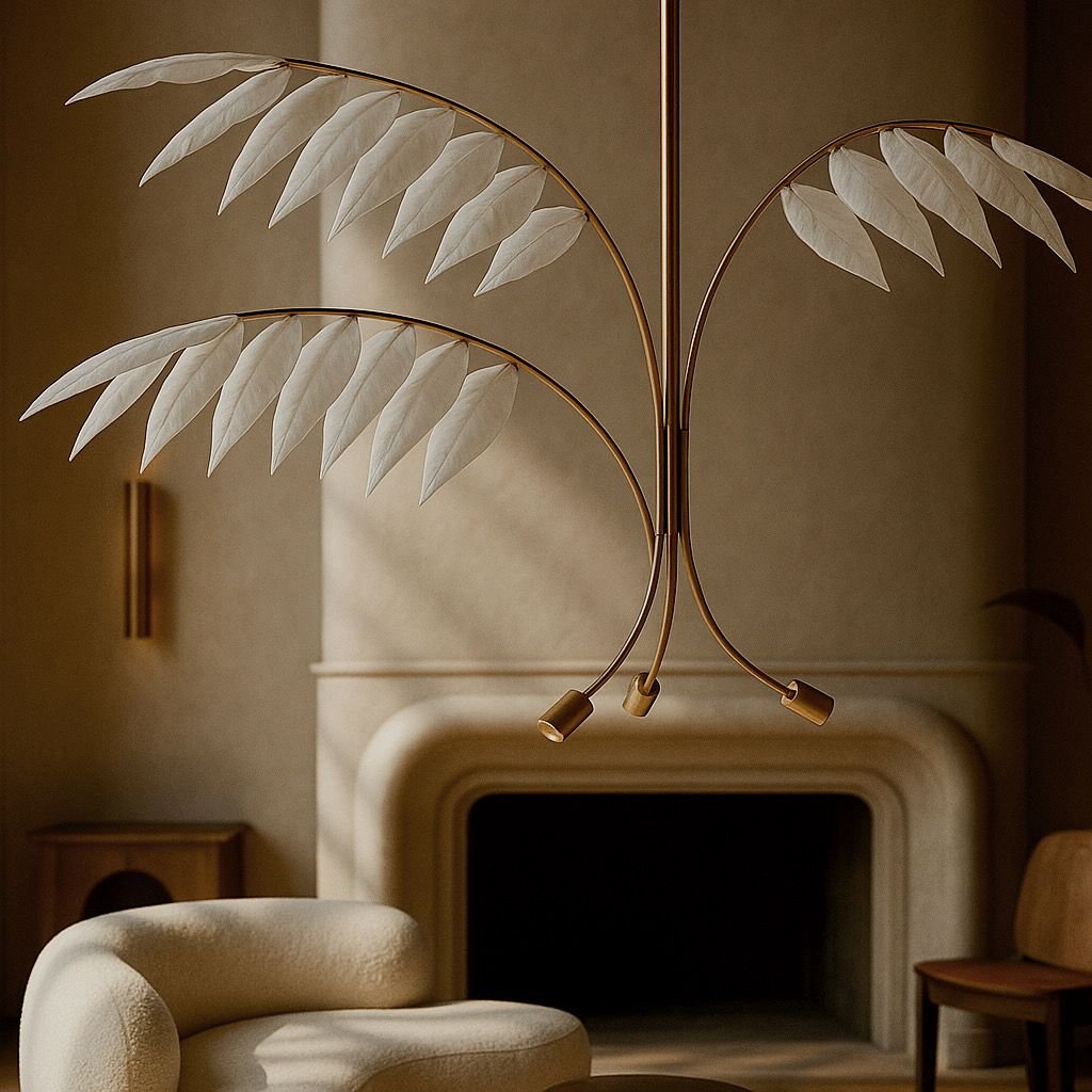 A modern chandelier with gold-colored curved arms and leaf-shaped glass shades hangs above a beige sofa and a wooden chair inside a living room with a fireplace.