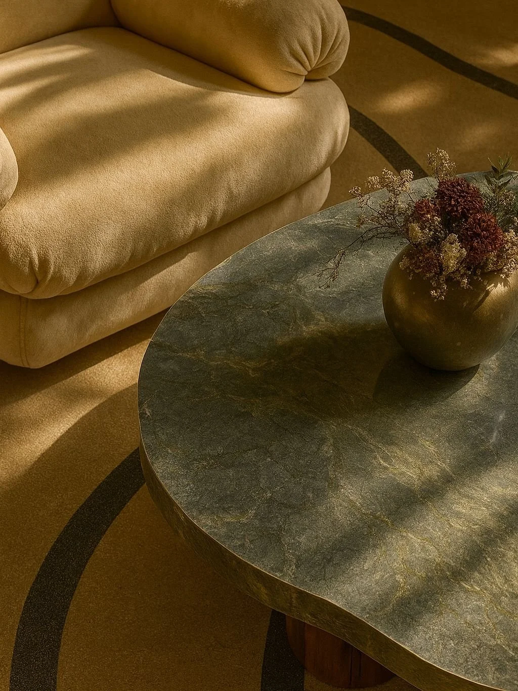 A beige plush sofa and a round green marble coffee table with a gold vase containing dried flowers.