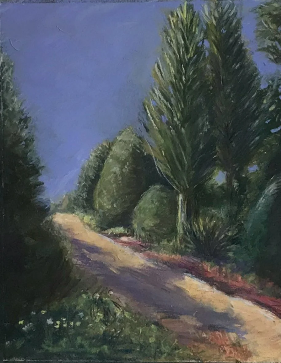 A painting of a dirt path winding through lush green trees under a clear blue sky.