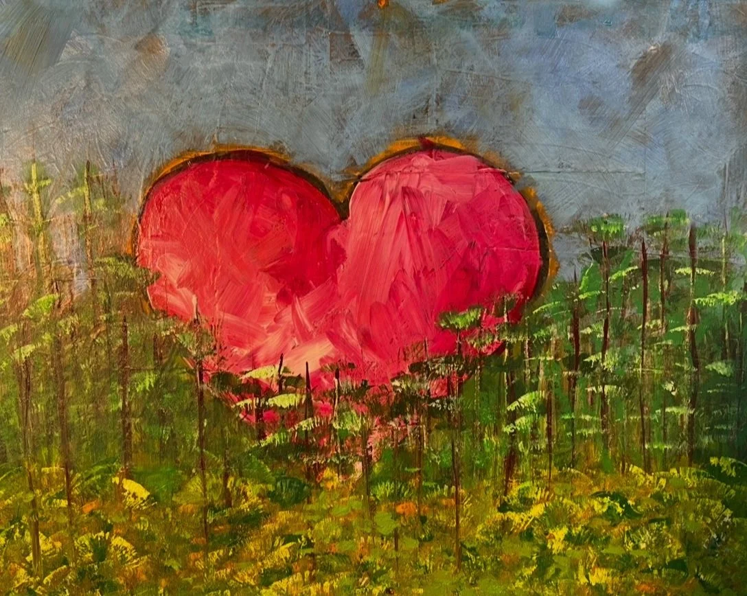 Painted image of a large red heart in a field of green grass with a cloudy sky background.