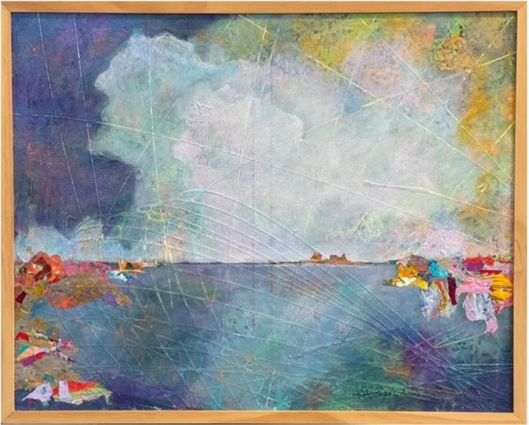 Abstract landscape painting of clouds over water with colorful patches along the shoreline, framed in wood.