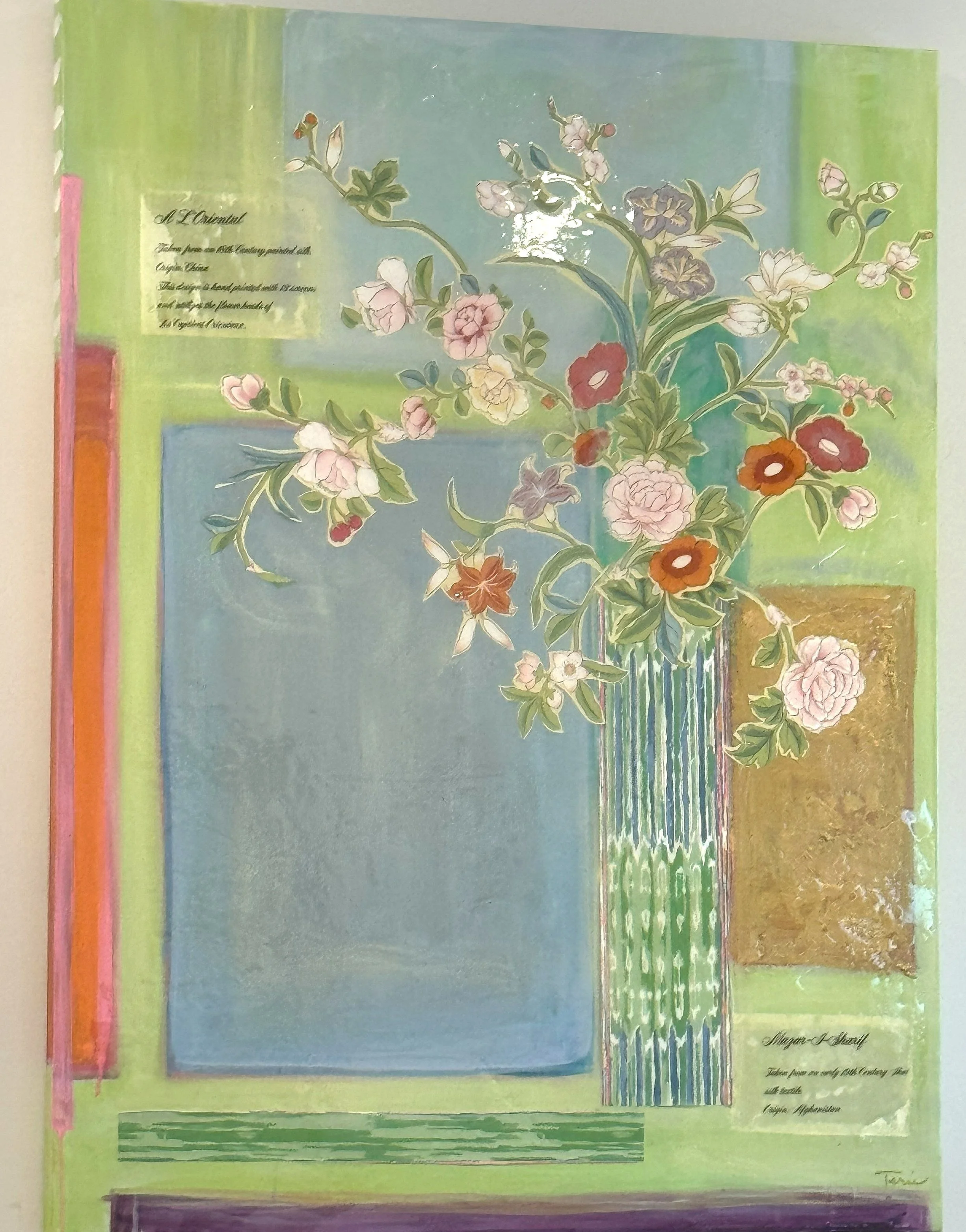 Colorful painting of a floral arrangement in a striped vase on a green background with text labels.