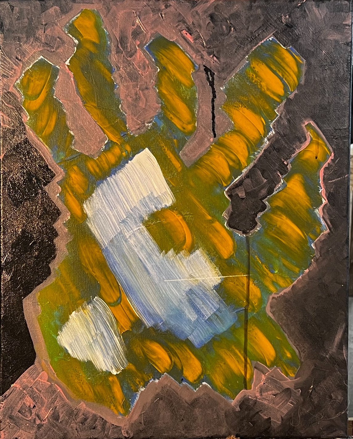 Abstract painting with yellow, green, blue, white, and black brushstrokes on a dark background.