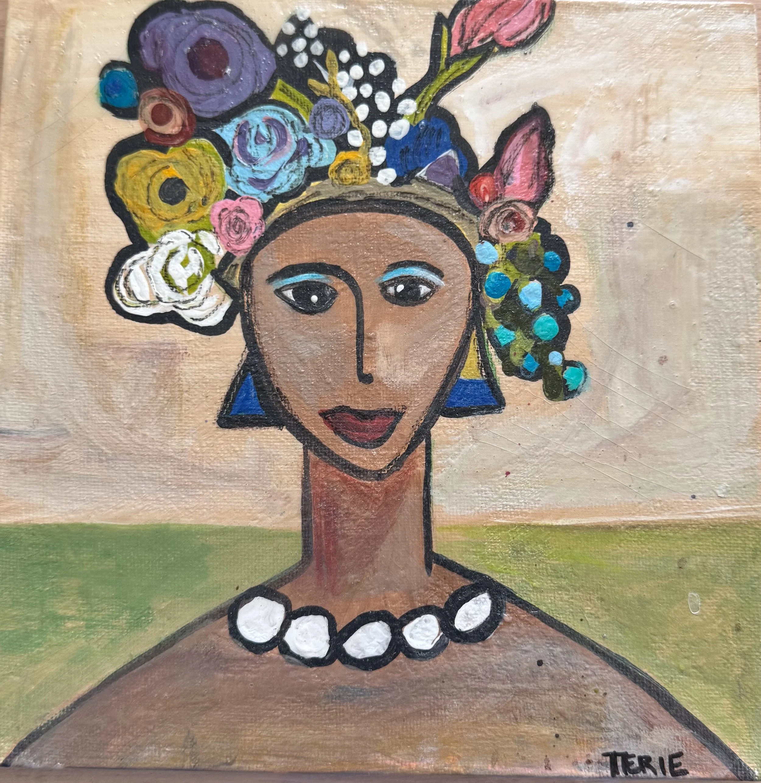 A colorful painting of a woman with a crown of vibrant flowers and berries, wearing a pearl necklace, against a soft background.