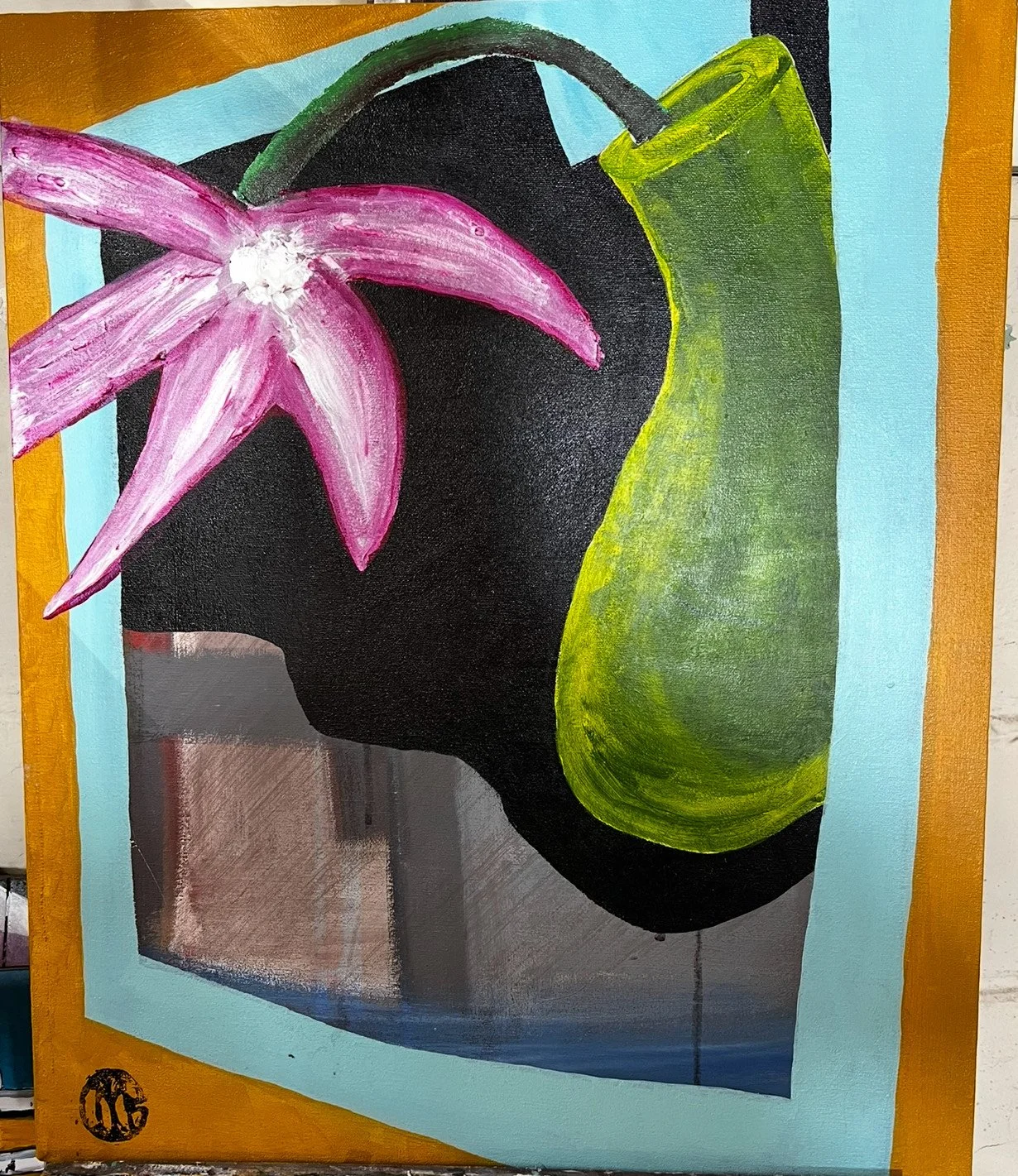 Painting of a pink starfish on top of a black and green abstract background with blue and brown accents.