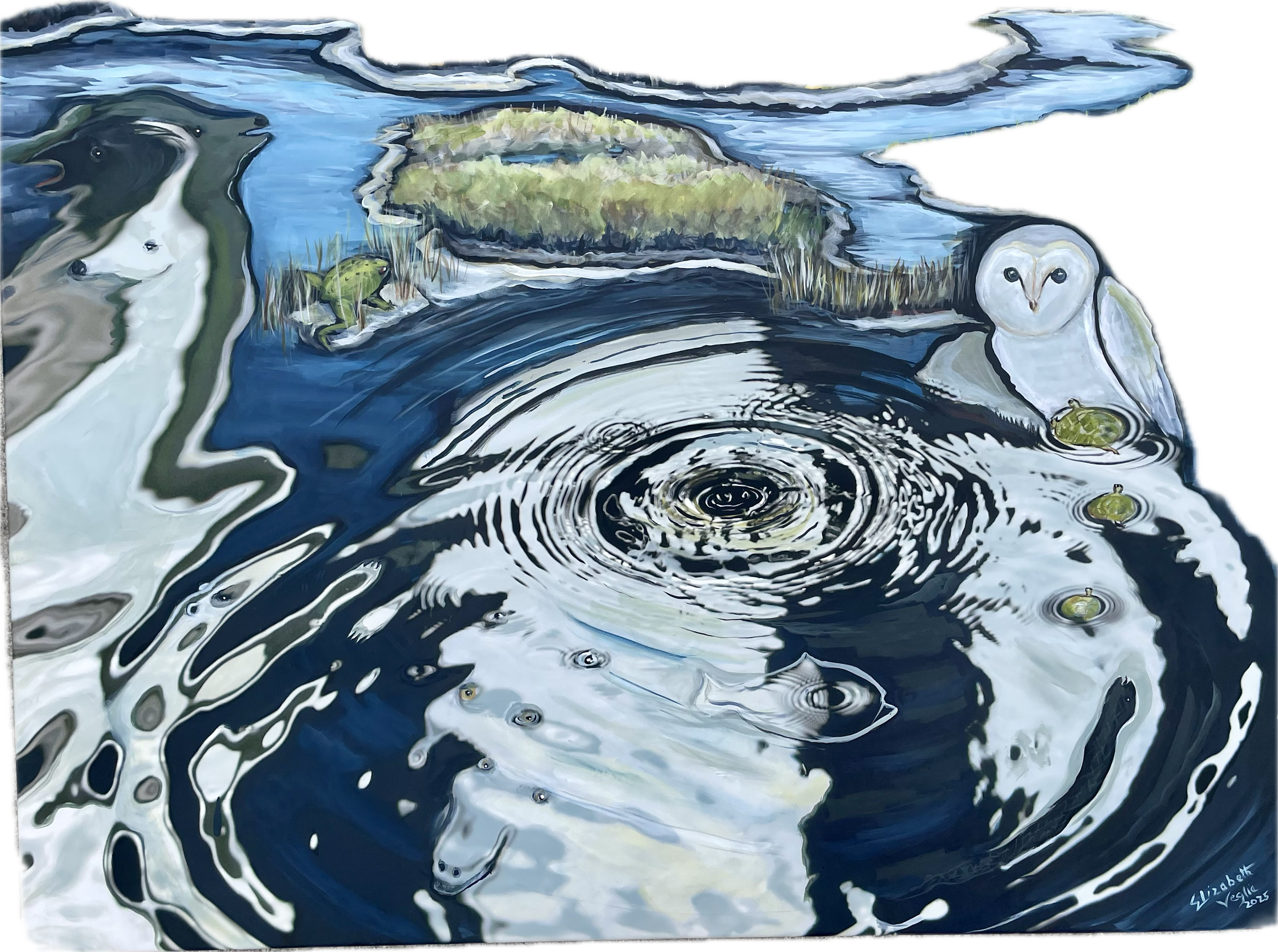 Elizabeth Veglia Artist Jewelry Maker Mosaic Artist A painting of a pond scene featuring a white owl, a frog, a dragonfly, a fish, and rippling water with an island of grass and reeds.