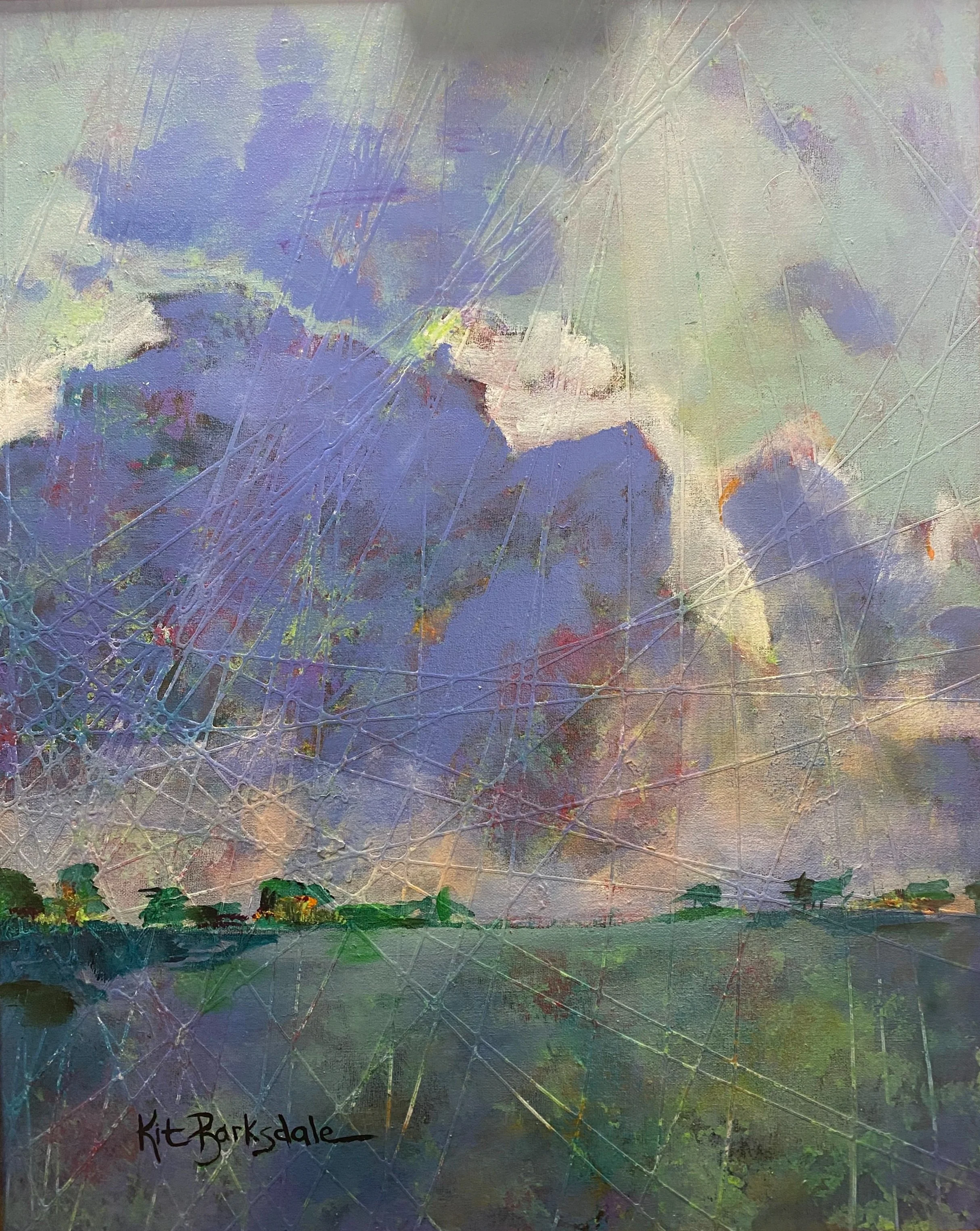 Abstract landscape painting featuring a sky with blue and purple clouds, a horizon with trees, and a body of water, with textured white lines and streaks across the artwork.