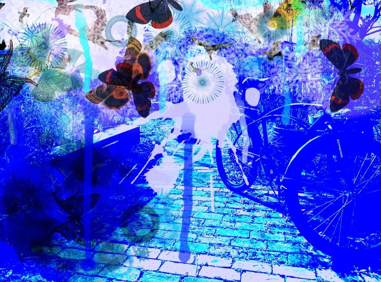 Abstract digital artwork featuring a blue color palette with butterflies, a bicycle, a woman, and various intricate patterns and shapes.