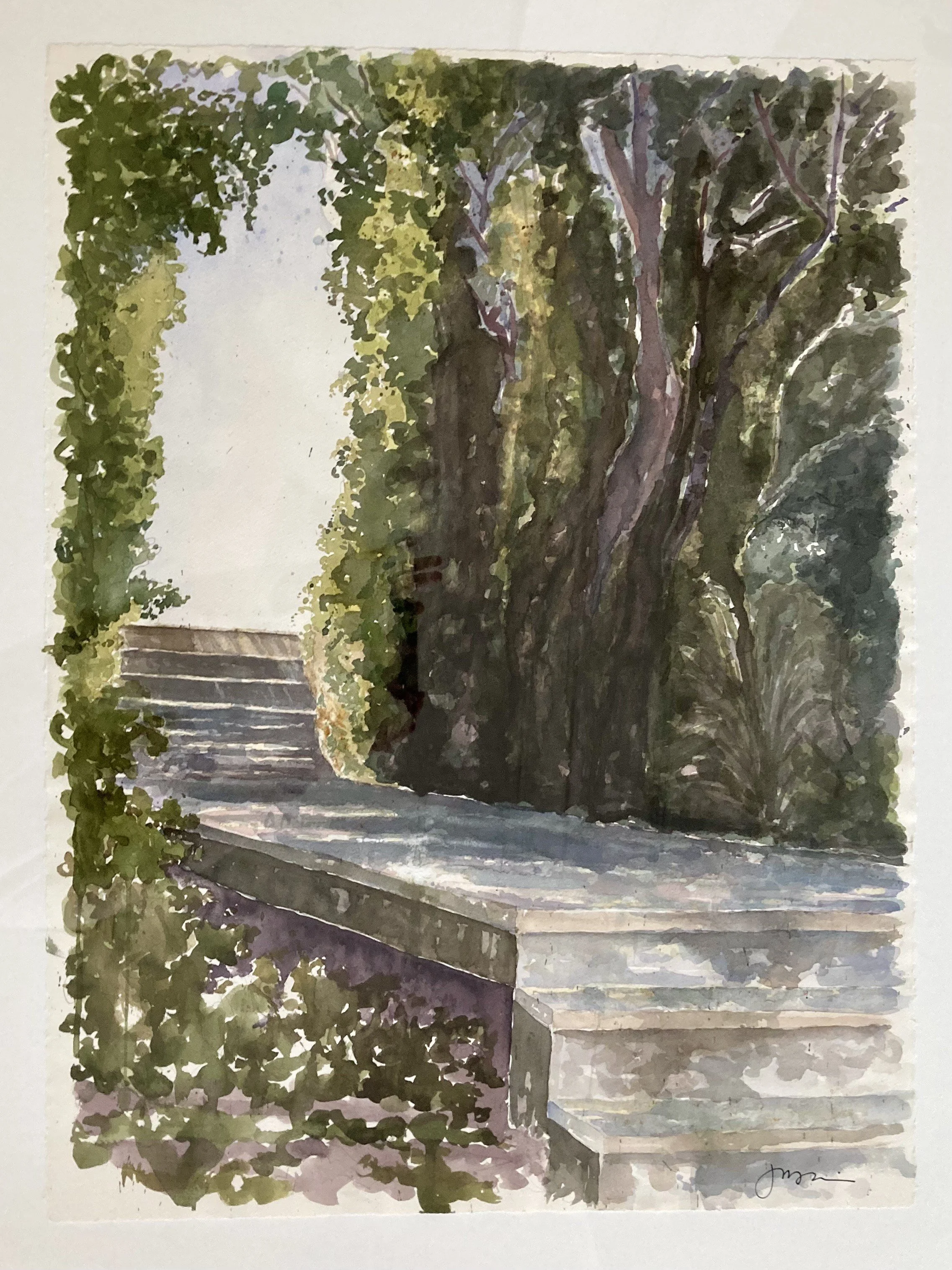 Watercolor painting of a green garden with trees and plants, featuring a stone staircase on the left and a stone wall with steps at the forefront.