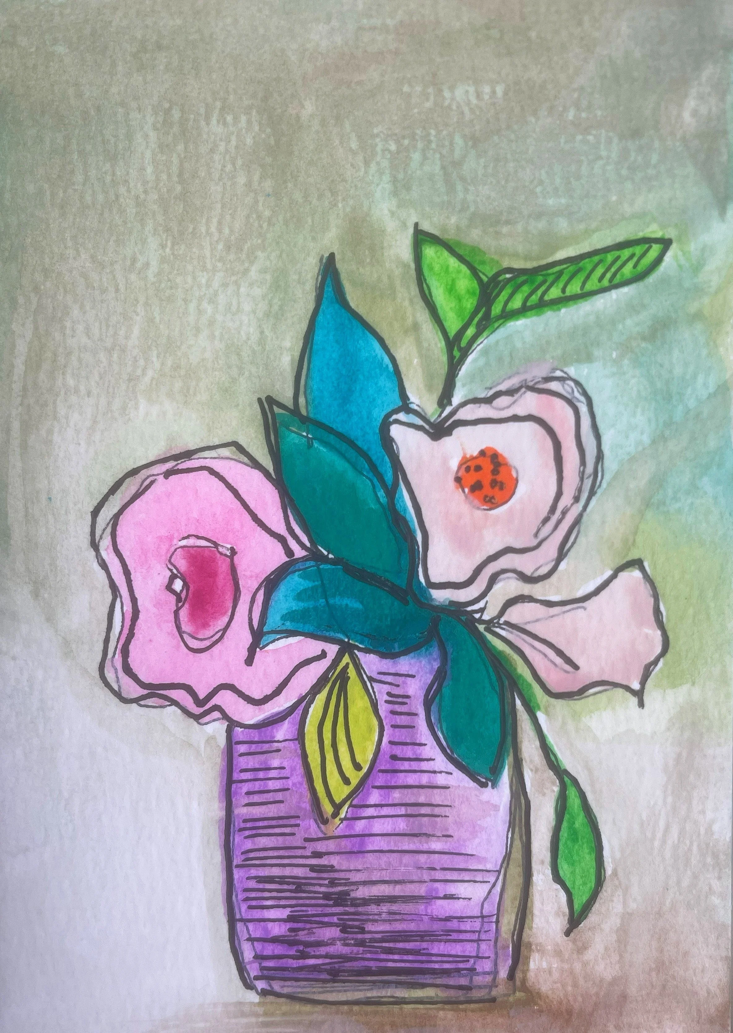 A colorful hand-drawn picture of a flower arrangement in a purple vase, featuring pink flowers, green and blue leaves, and an orange ladybug on one of the white flowers.