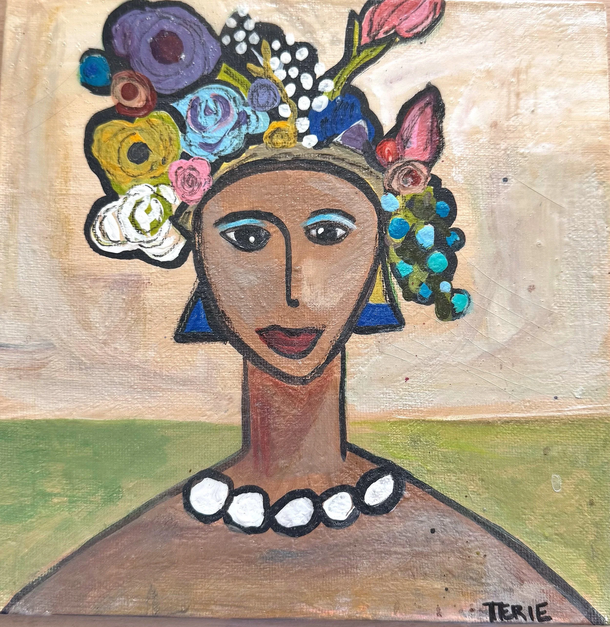 A colorful painting of a woman with a floral headdress, dark eyebrows, and red lips, wearing a pearl necklace and blue earrings, against a landscape background.
