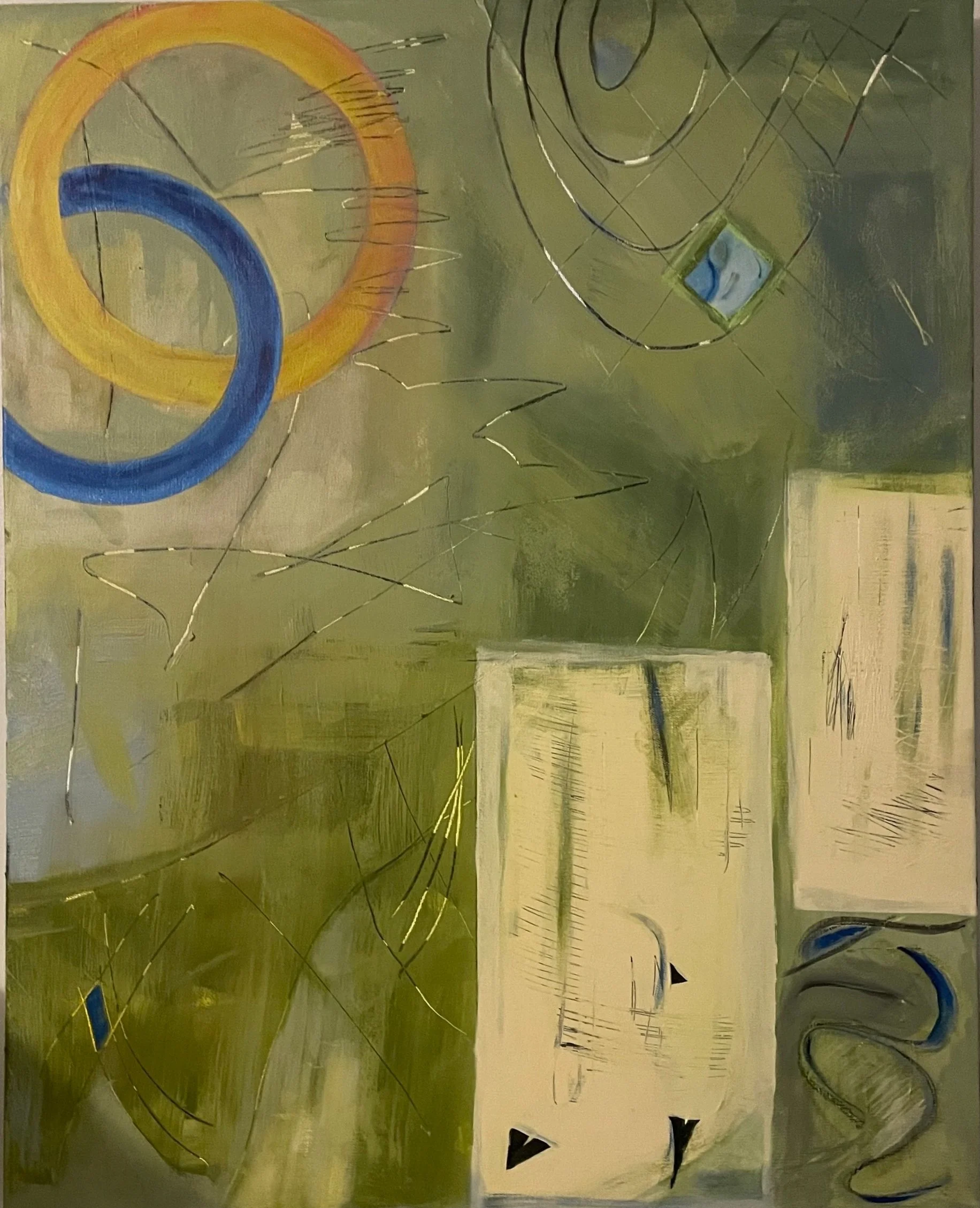 Ann Neeb. An abstract painting with green, yellow, blue, and black shades, featuring circular and angular shapes, intersecting lines, and textured brushstrokes.