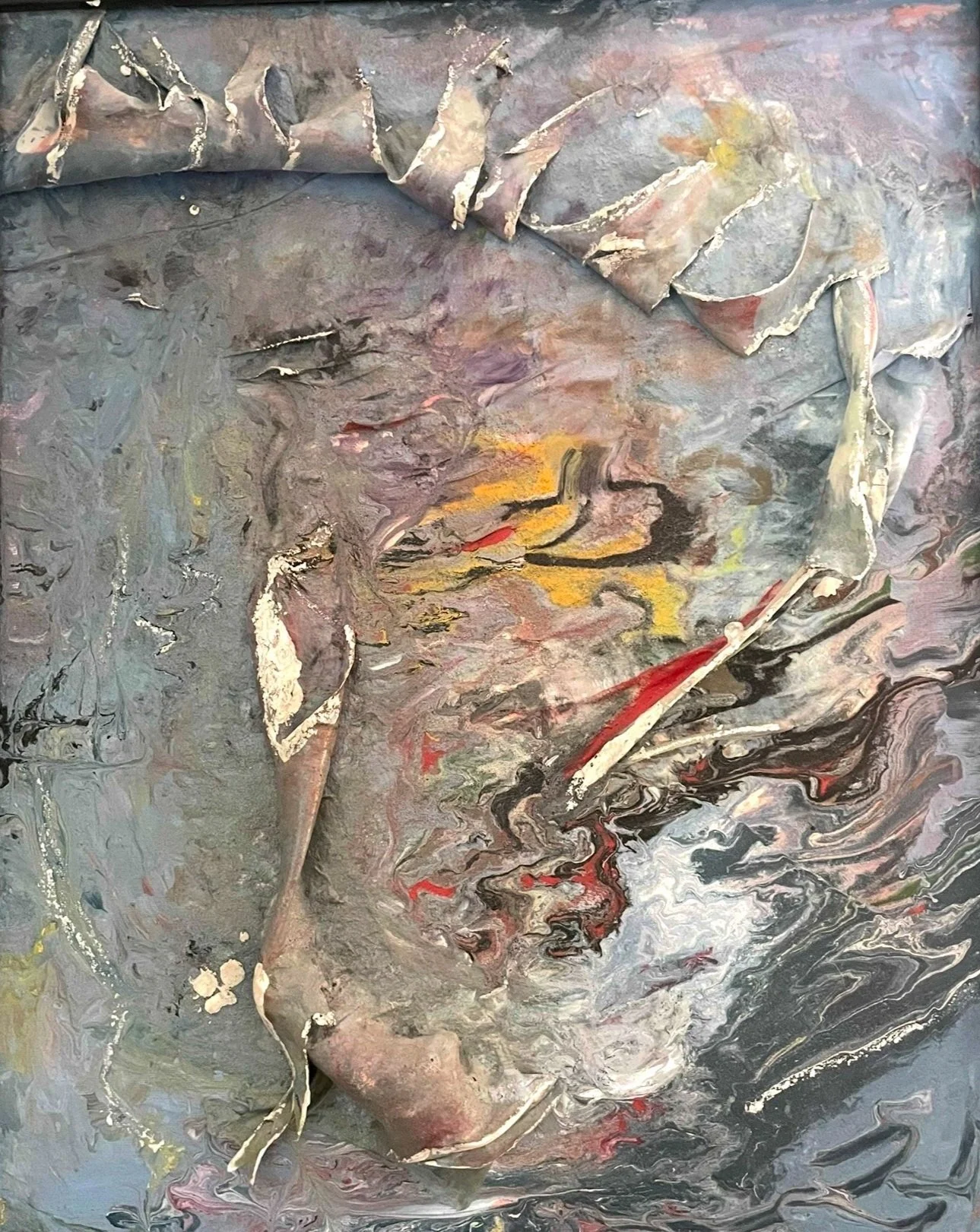 Ann Neeb. Abstract textured painting with shades of gray, black, red, yellow, and white, creating a layered and swirling visual effect.
