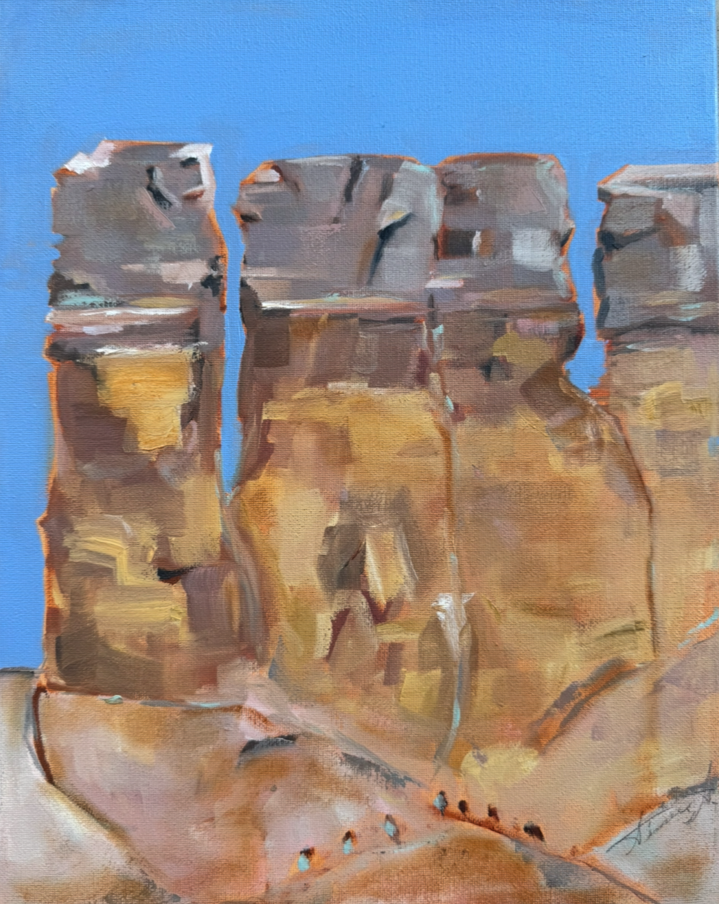 A painting of Mount Rushmore with four carved faces of U.S. presidents in a desert landscape against a blue sky.