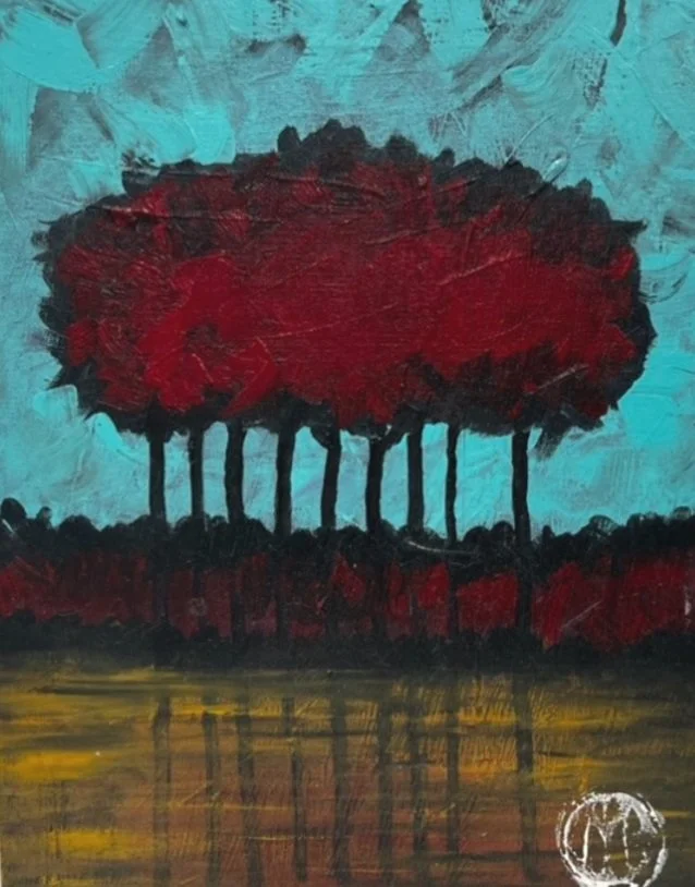 Painting of a group of tall trees with red foliage near a body of water, under a bright blue sky.