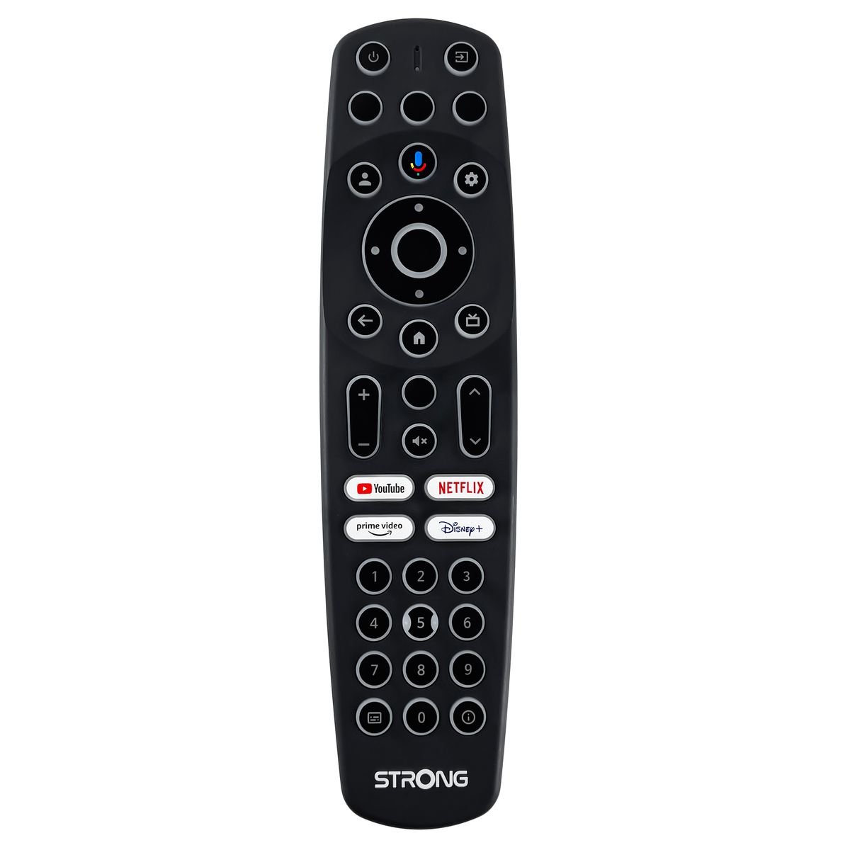 En svart fjernkontroll med flere knapper, inkludert YouTube, Netflix, Prime Video og Disney Plus. Det er også tallknapper, volumkontroller og piltaster.
