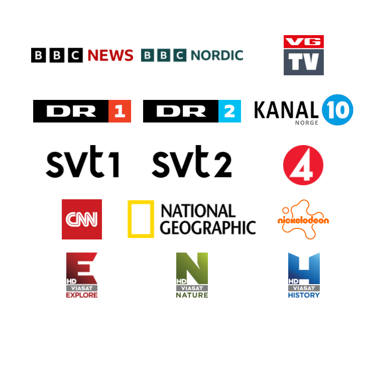 Logoer fra ulike norske og internasjonale TV-kanaler, inkludert VG TV, NRK, TV 2, Kanal 10, DR, CNN, og Viasat.