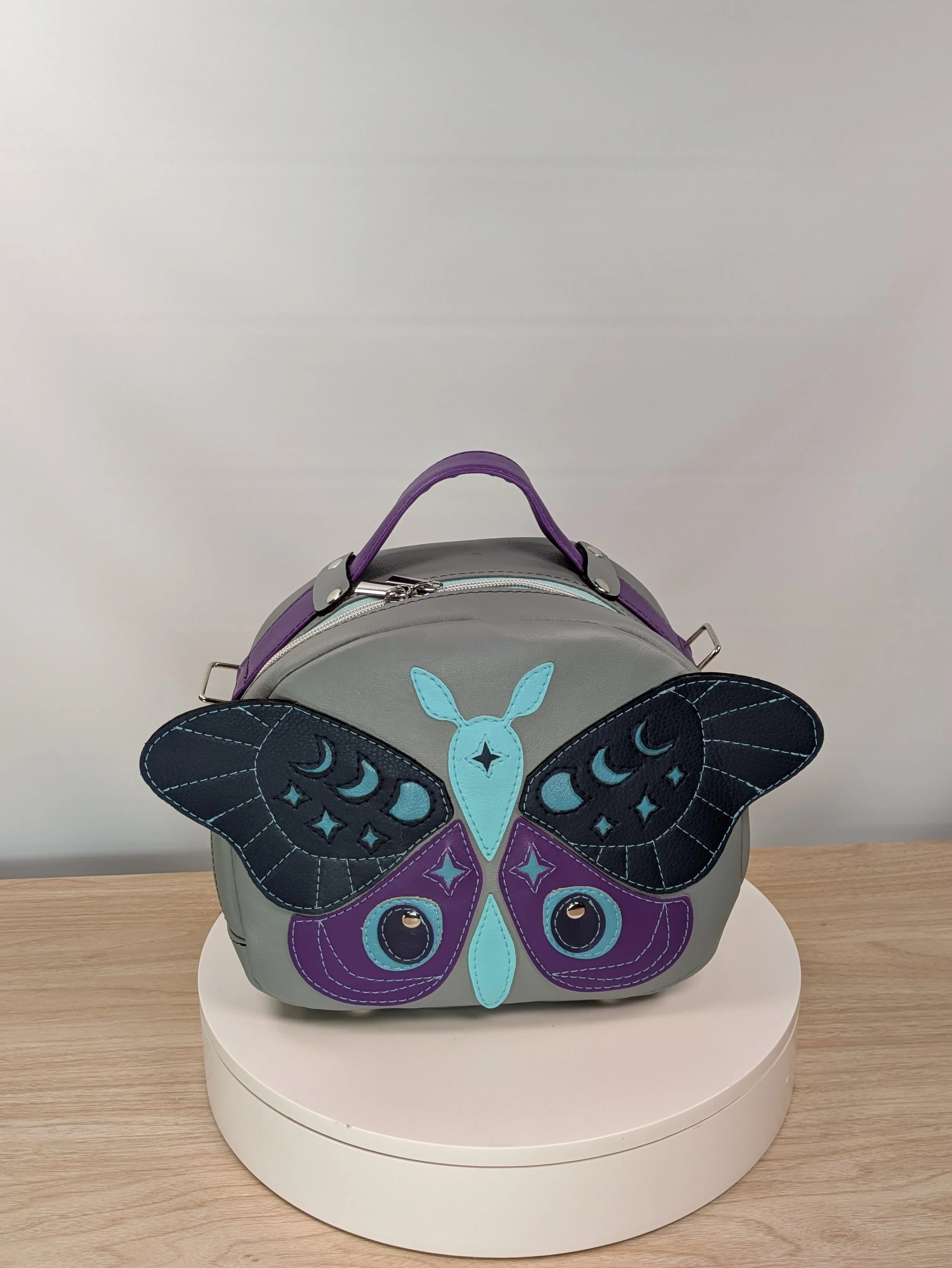Custom Sewn Moth Bowler Style Handbag Crossbody in Navy Purple Grey