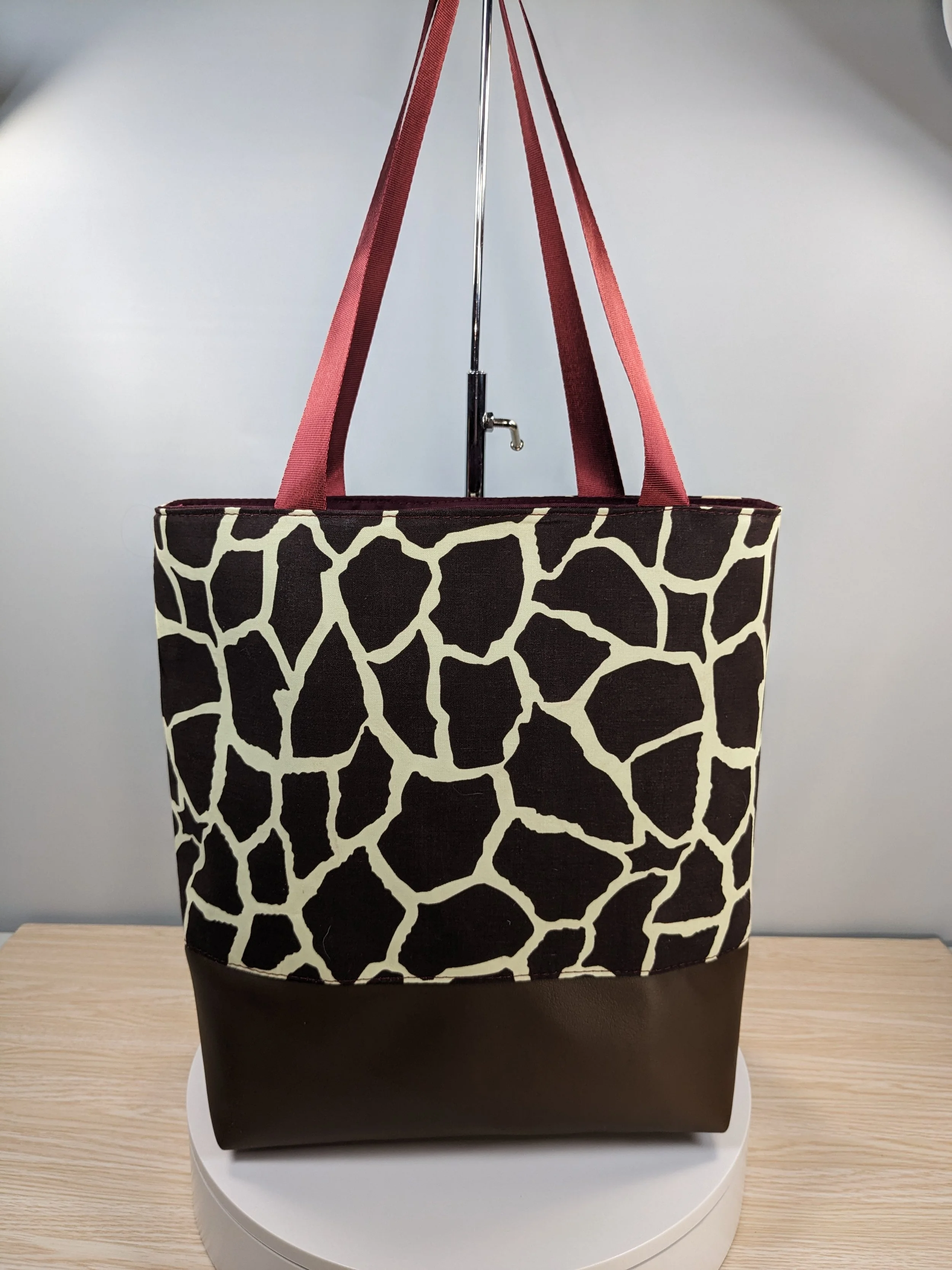 Tote Bag - Giraffe Print with Burgundy Lining